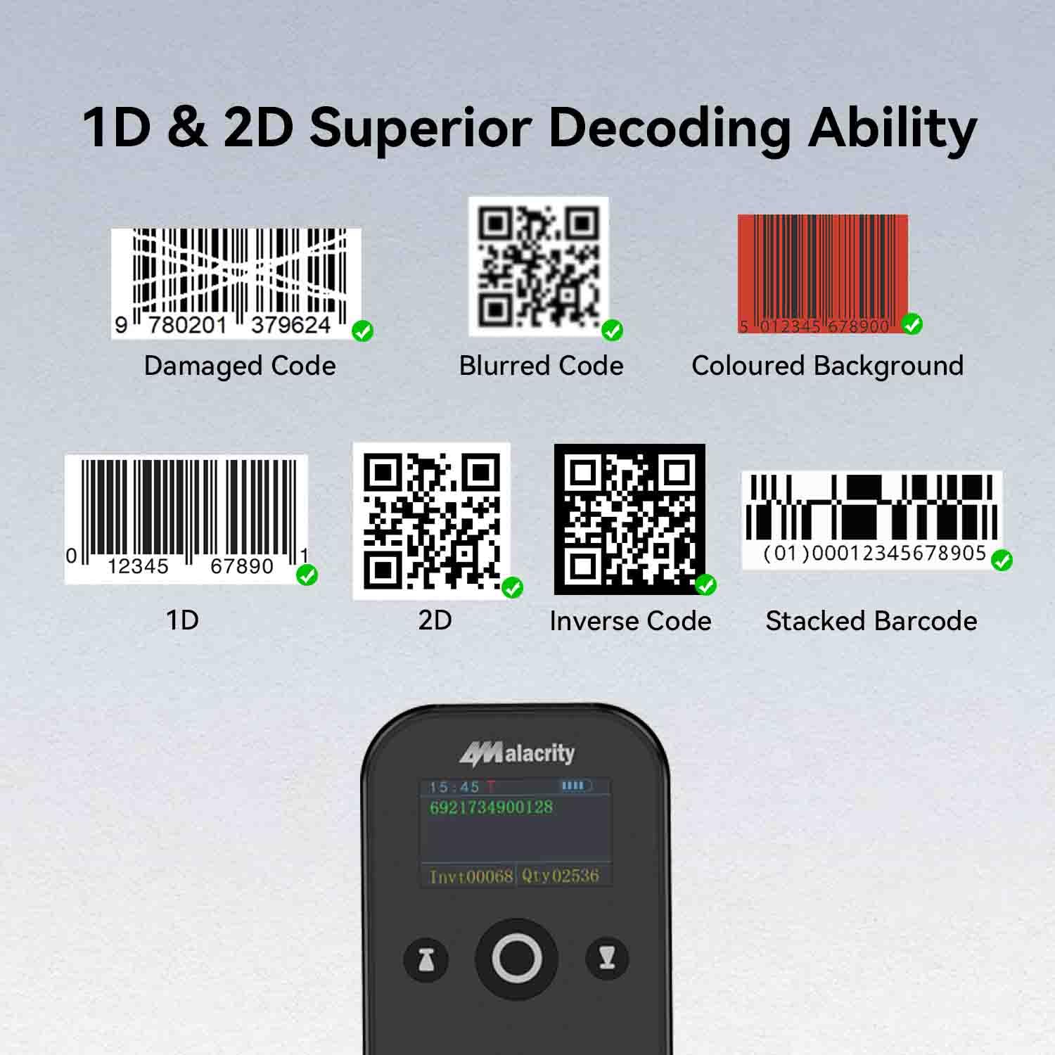Alacrity Portable 1D 2D Wireless Barcode Scanner with LCD Display, Bluetooth 2.4 GHz Wiredess USB Wired 3 in 1, Lightweight Mini QR Code Readers for Computer, Tablet, Smartphone Black-2D - Image 5