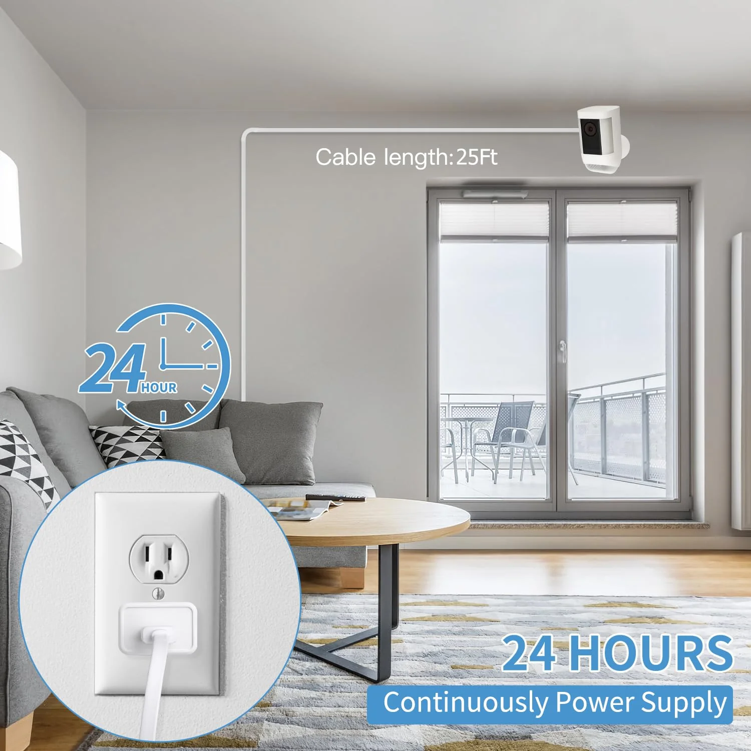 ALERTCAM Power Adapter for Ring Spotlight Cam Plus/Pro (Battery), with 25Ft/7.5m Flat Weatherproof Outdoor Cable Continuously Power Your Ring Camera - White - Image 6
