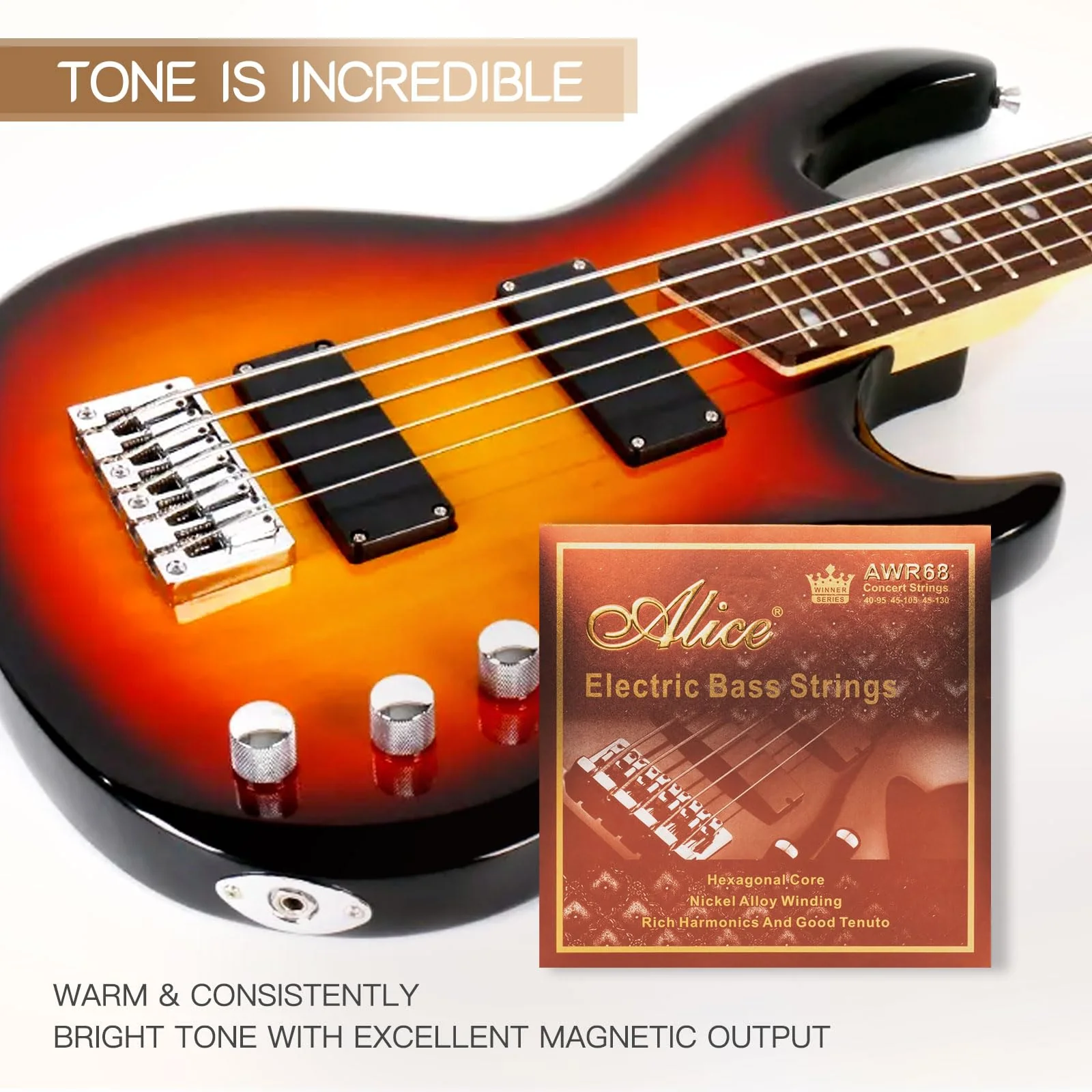 Alice Bass Guitar String 4 Strings Set, Hexagonal Core with Nickel Alloy Winding, 040-95 Light Gauge, Saturated & Warm Sliver&Gold Ball End Professional 40-95(4 Strings) - Image 6