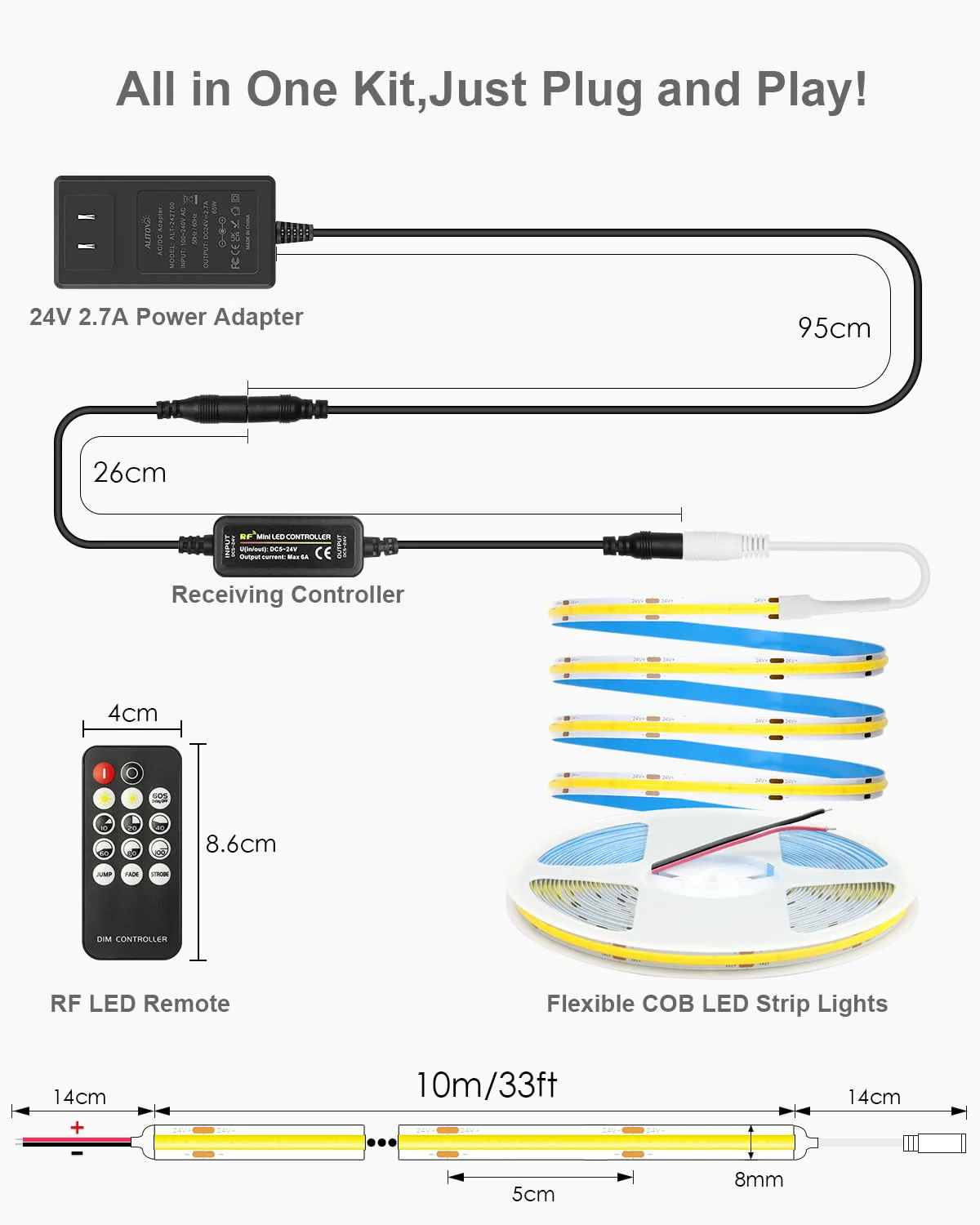 ALITOVE 32.8ft COB Led Strip Light White 6500K Super Bright 24V LED Rope Lights with Remote Dimmable 3200LEDs CRI90+ Uniform Glow LED Tape Light for Mirror Under Cabinet Living Room Study Wardrobe 32.8FT 24V Daylight White(With Power) - Image 5