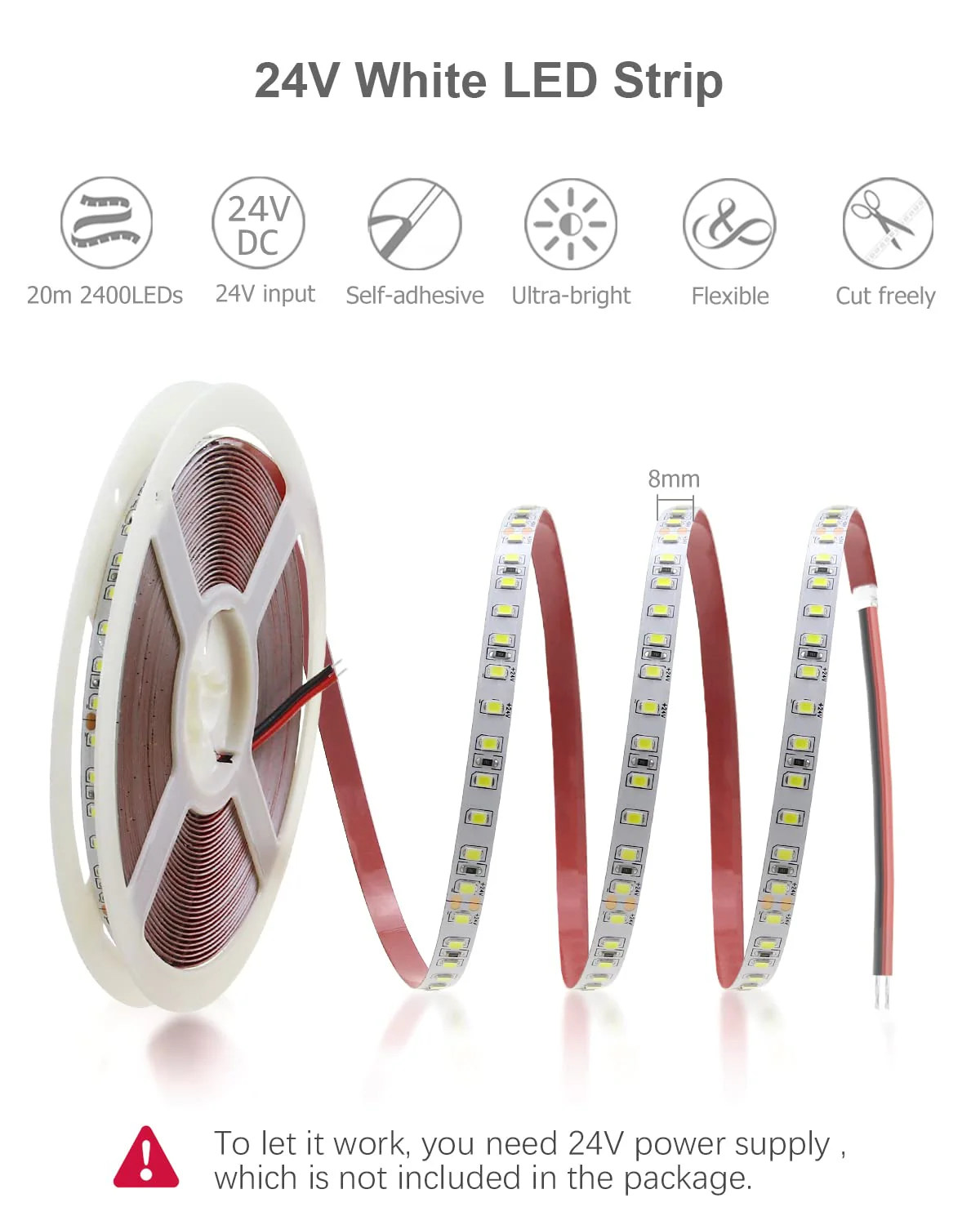 ALITOVE 65.6ft White LED Strip Lights Daylight 6000K 24V Ultra-Bright 120LEDS/M High-Density LED Flexible Light Strip 20M 2400 LEDs 2835 SMD Commercial Grade Rope Lights (No Power Adapter) Daylight White SMD 20M IP20 - Image 2
