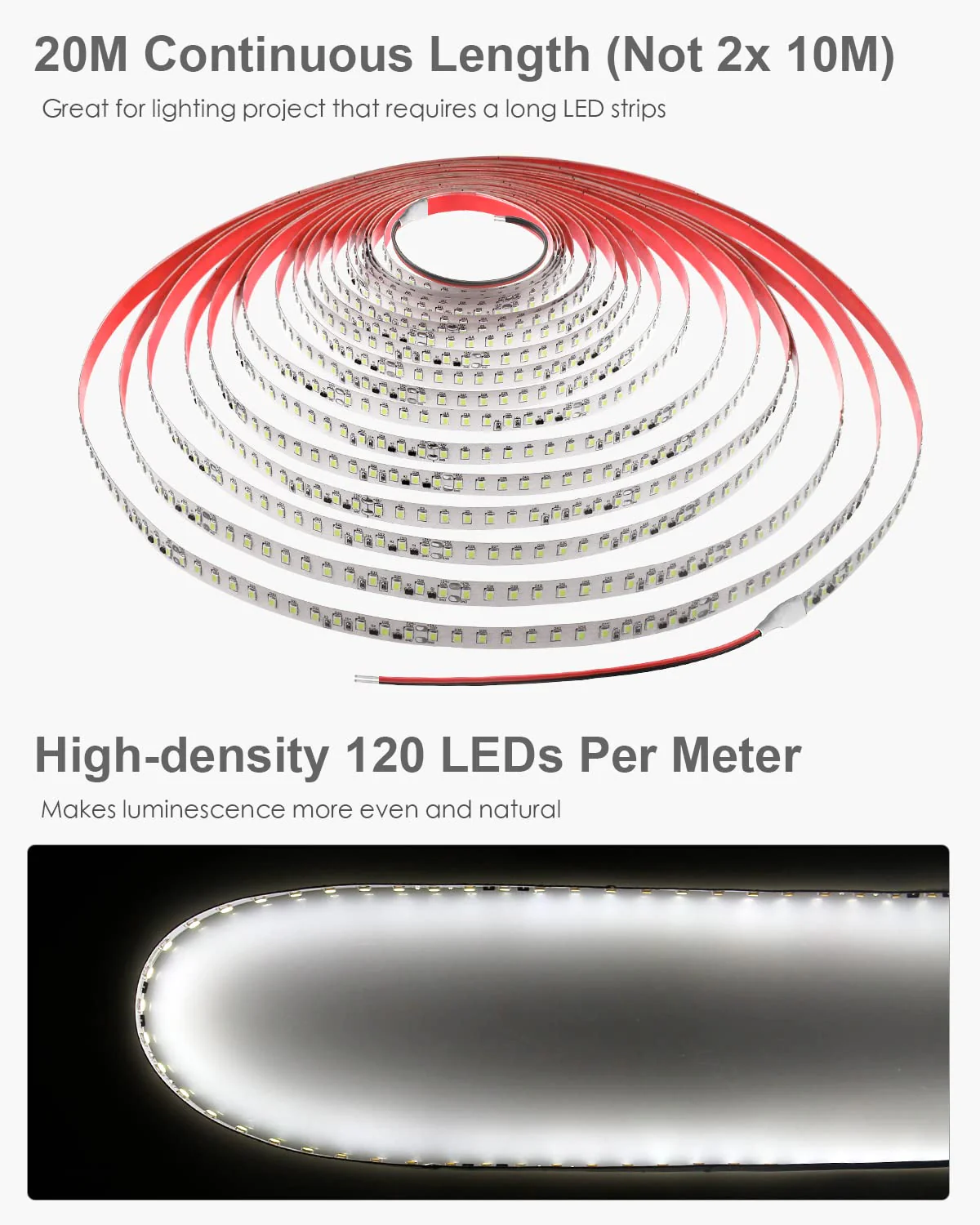 ALITOVE 65.6ft White LED Strip Lights Daylight 6000K 24V Ultra-Bright 120LEDS/M High-Density LED Flexible Light Strip 20M 2400 LEDs 2835 SMD Commercial Grade Rope Lights (No Power Adapter) Daylight White SMD 20M IP20 - Image 5