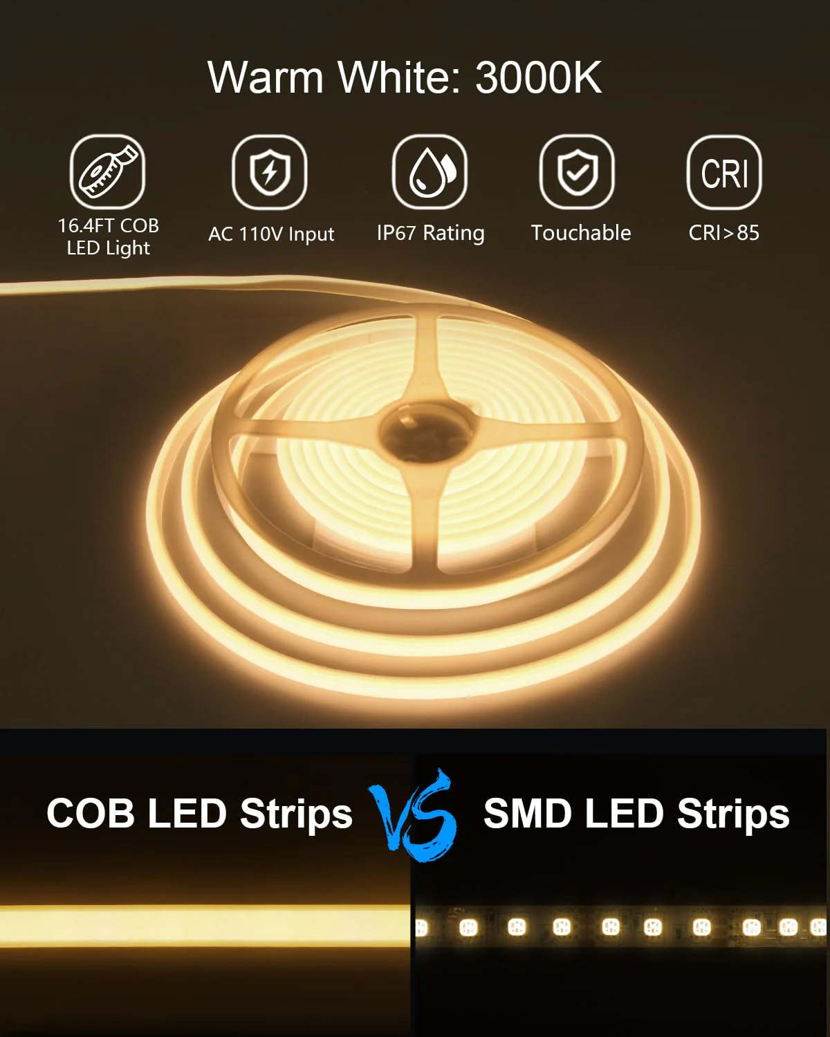 ALITOVE COB LED Strip Light Waterproof IP67 Warm White 3000K 16.4ft AC 110V 120V LED Neon Rope Lights Bright 1440LEDs Flexible LED Strip for Indoor Outdoor Cabinet Shower Bedroom(No Remote Dimmer) 5M (No Remote) - Image 2