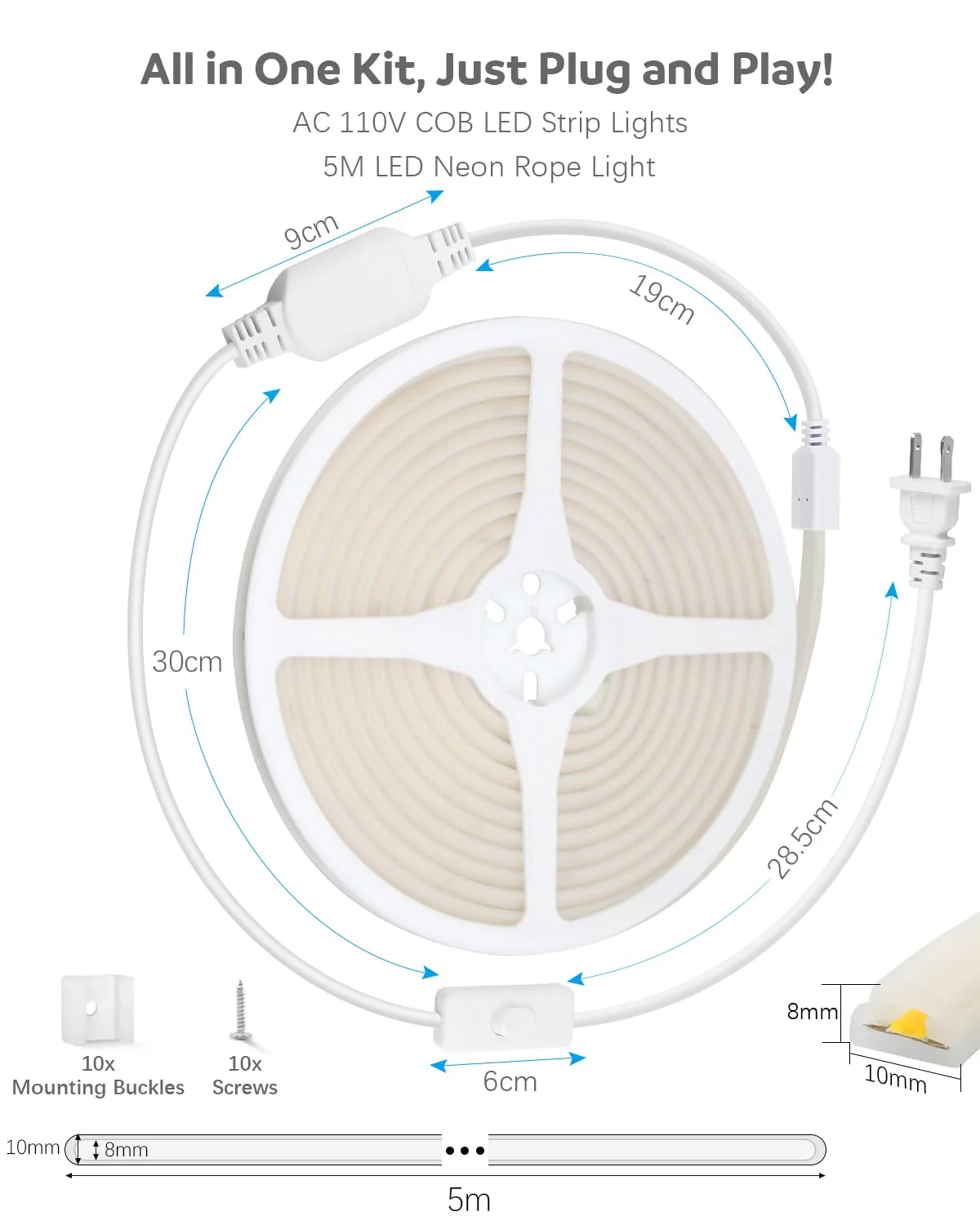 ALITOVE COB LED Strip Light Waterproof IP67 Warm White 3000K 16.4ft AC 110V 120V LED Neon Rope Lights Bright 1440LEDs Flexible LED Strip for Indoor Outdoor Cabinet Shower Bedroom(No Remote Dimmer) 5M (No Remote) - Image 7