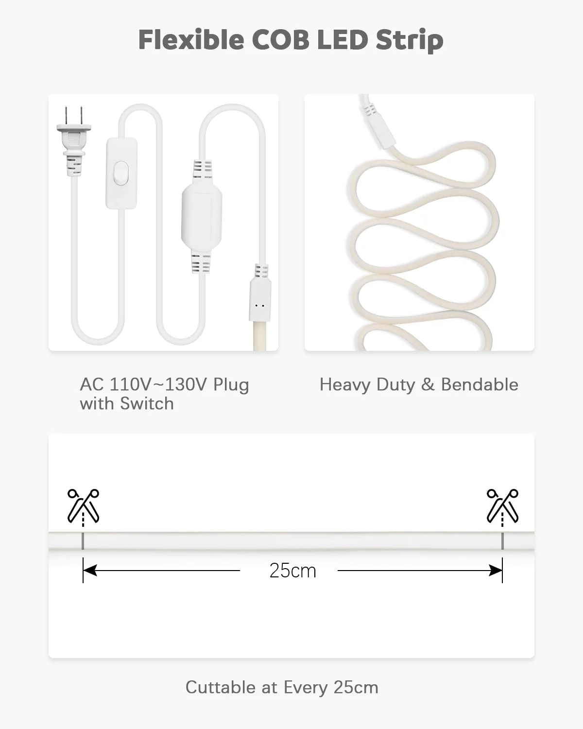 ALITOVE COB LED Strip Light Waterproof IP67 Warm White 3000K 16.4ft AC 110V 120V LED Neon Rope Lights Bright 1440LEDs Flexible LED Strip for Indoor Outdoor Cabinet Shower Bedroom(No Remote Dimmer) 5M (No Remote) - Image 8