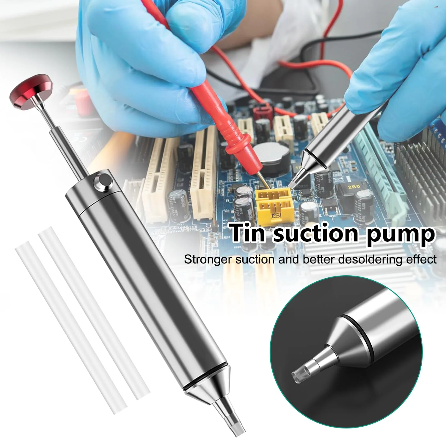 All-Metal Vacuum Soldering Extraction Desoldering Pump, with 2 Silicone Nozzles and 2 Soldering Wires, High Suction Power, High Temperature Resistant, Perfect Desoldering Tool for Soldering Removal 1 - Image 3