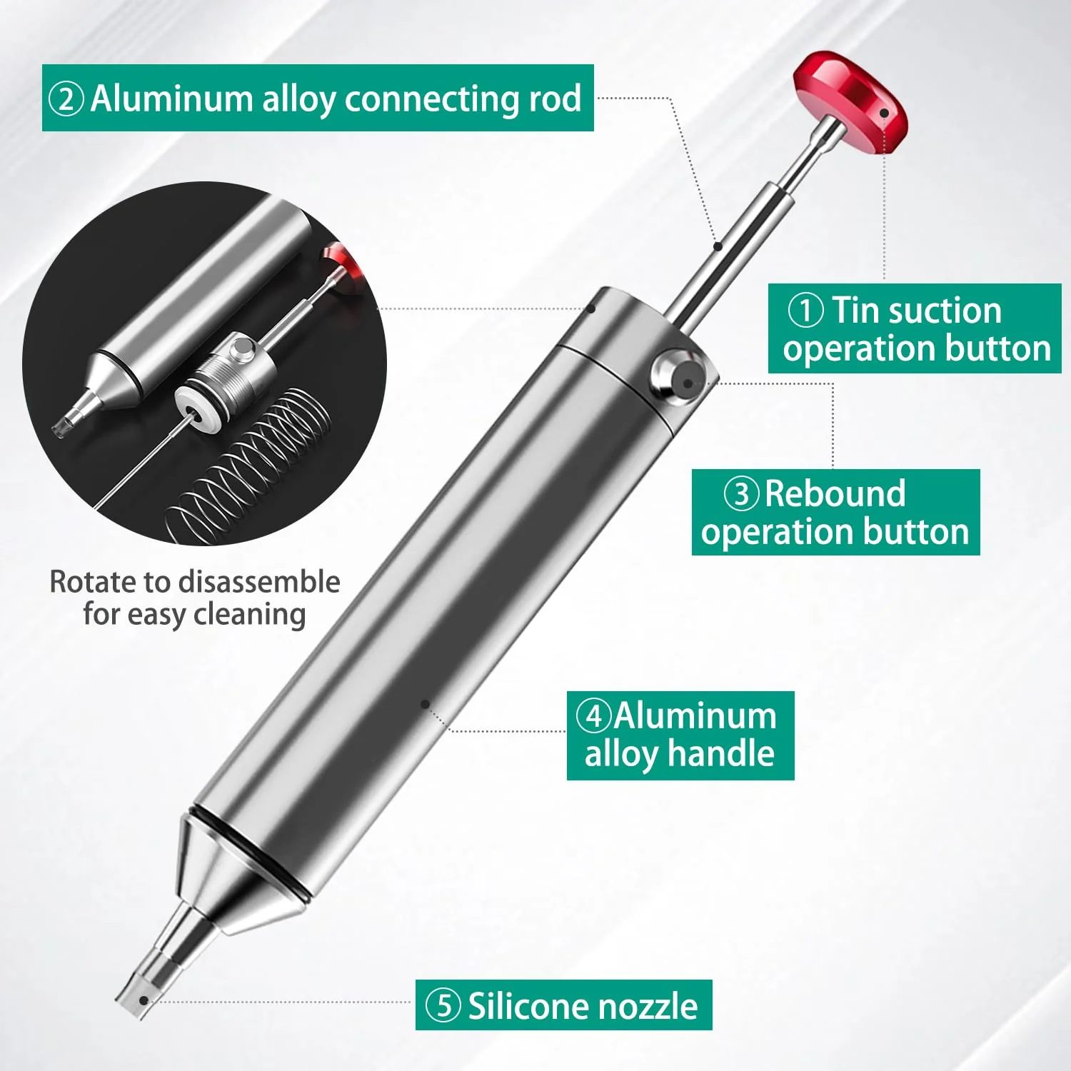 All-Metal Vacuum Soldering Extraction Desoldering Pump, with 2 Silicone Nozzles and 2 Soldering Wires, High Suction Power, High Temperature Resistant, Perfect Desoldering Tool for Soldering Removal 1 - Image 4