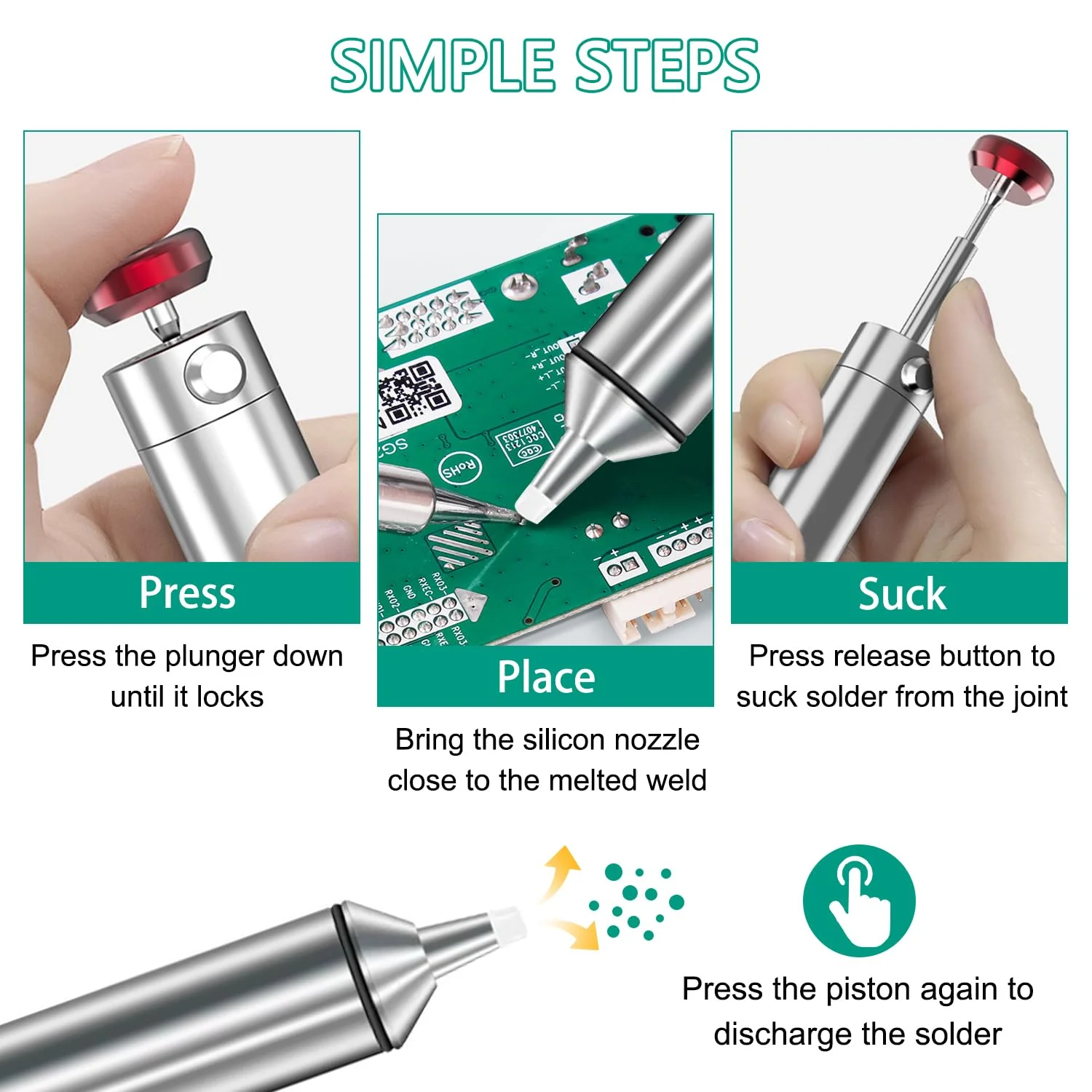 All-Metal Vacuum Soldering Extraction Desoldering Pump, with 2 Silicone Nozzles and 2 Soldering Wires, High Suction Power, High Temperature Resistant, Perfect Desoldering Tool for Soldering Removal 1 - Image 5