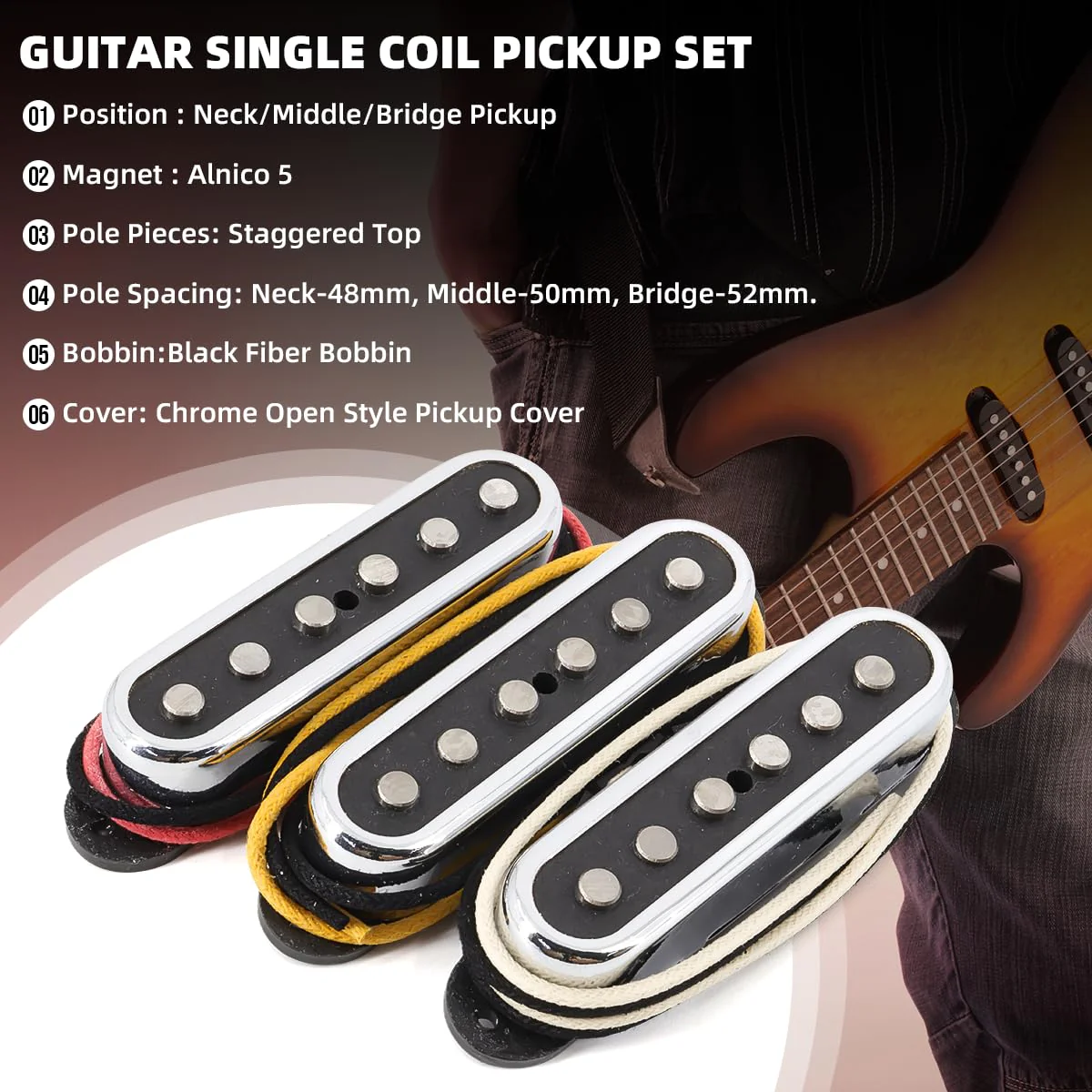 Alnico 5 Strat Pickup Single Coil Pickups Open Style Neck/Middle/Bridge Pickup Set for Stratocaster Electric Guitar Parts Replacement (Chrome Cover) Chrome Cover - Image 4
