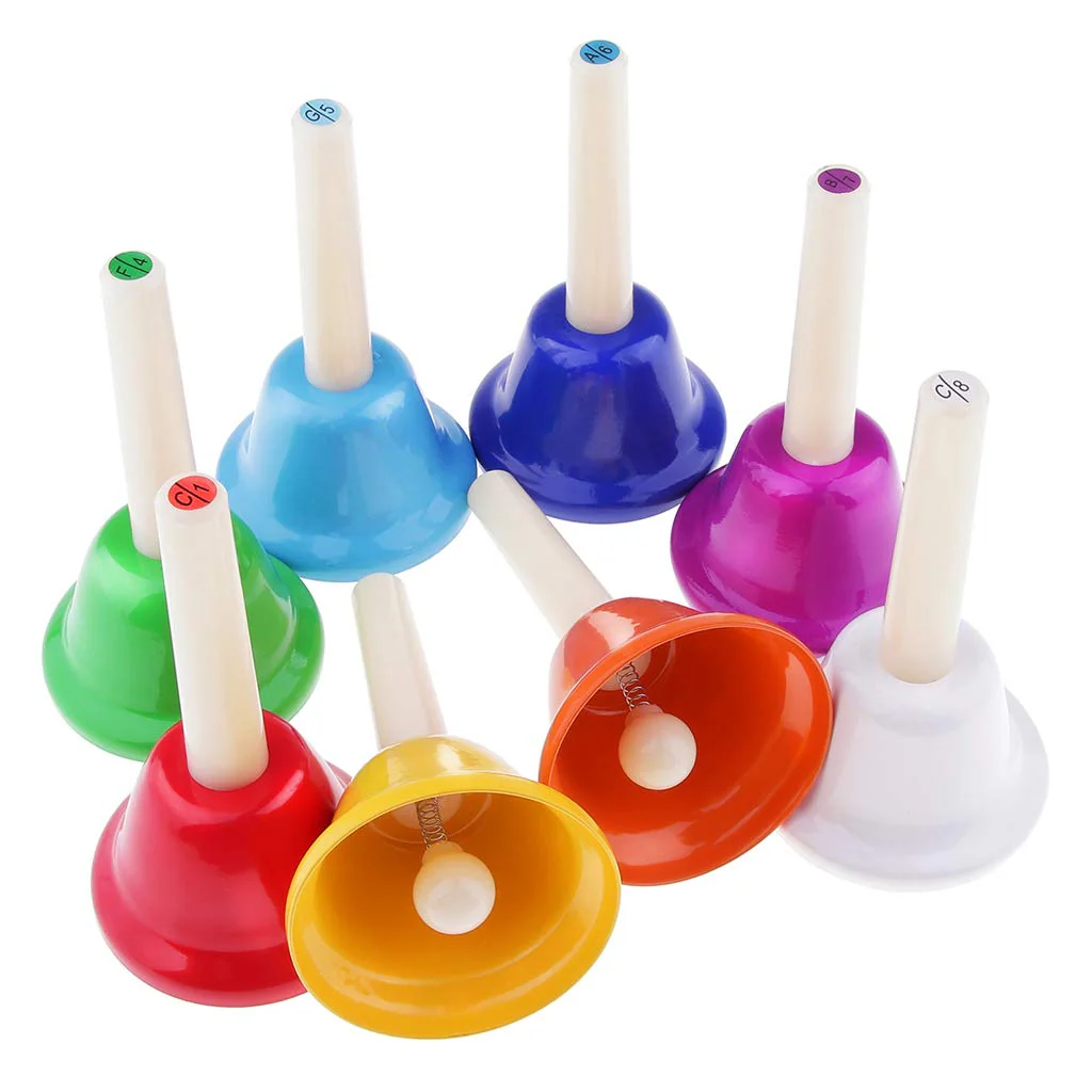 Alnicov Music Hand Bell Rhythm Band Beginners Play Hand Bells,8 Sound,8 Color Musical Bell for Senior,Teacher,Desk Bell Metal Hand Bells Set (one set of 8 notes) - Image 7