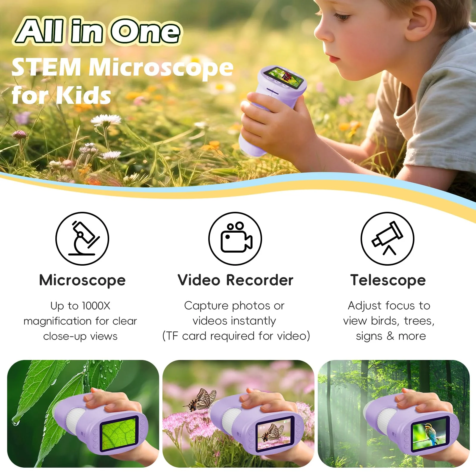 Alotwan Kids Digital Microscope 1000X Zoom, Mini Pocket Handheld Microscope with Camera/Video/Telescope Function, Portable Outdoor Travel Toys for Boys Girls 3-8 Years STEM Gifts, 8GB SD Card Included Purple - Image 2
