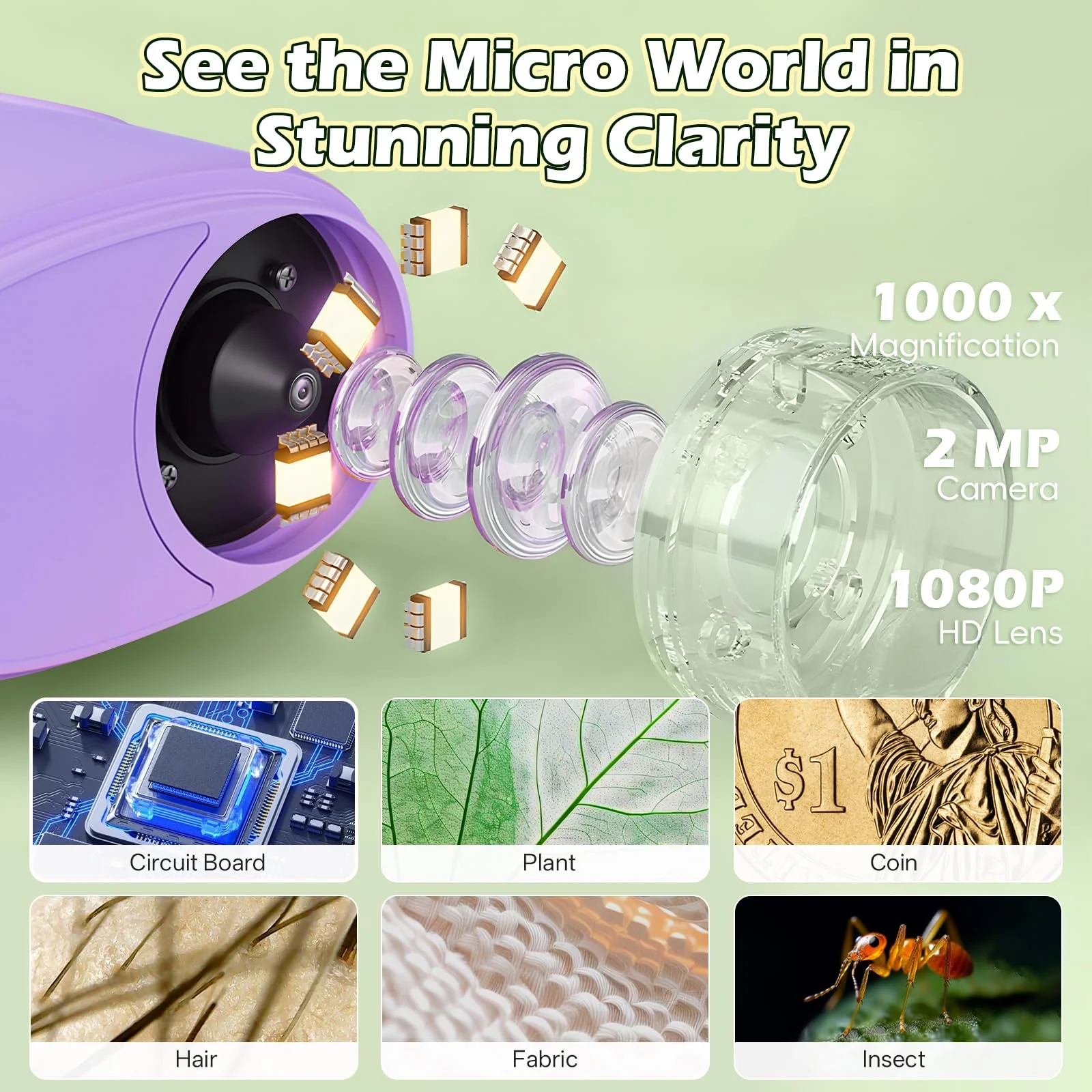 Alotwan Kids Digital Microscope 1000X Zoom, Mini Pocket Handheld Microscope with Camera/Video/Telescope Function, Portable Outdoor Travel Toys for Boys Girls 3-8 Years STEM Gifts, 8GB SD Card Included Purple - Image 3