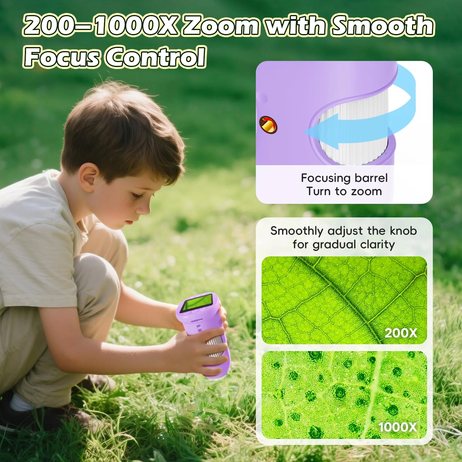 Alotwan Kids Digital Microscope 1000X Zoom, Mini Pocket Handheld Microscope with Camera/Video/Telescope Function, Portable Outdoor Travel Toys for Boys Girls 3-8 Years STEM Gifts, 8GB SD Card Included Purple - Image 4