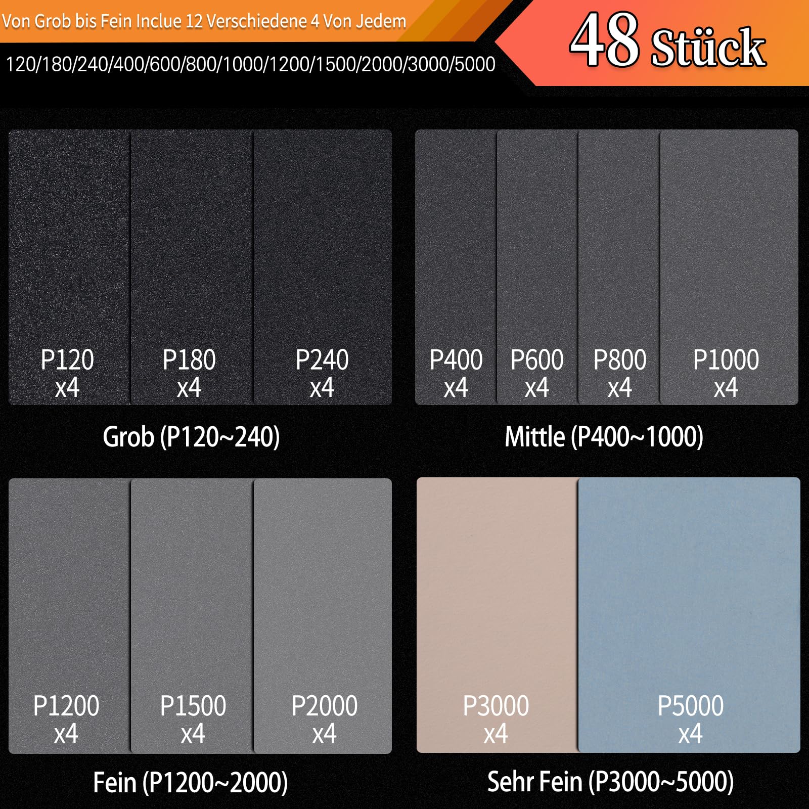ALPXUXP Sandpaper Set of 48 Wet and Dry Professional Water Emery Paper for Car, Metal, Wooden Furniture, Stone, Varnish, Glass, Grit 120/180/240/400/600/800/1000/1200/1500/2000/3000/5000, 23 x 9 cm (120 to 5000) 48 pieces - Image 5