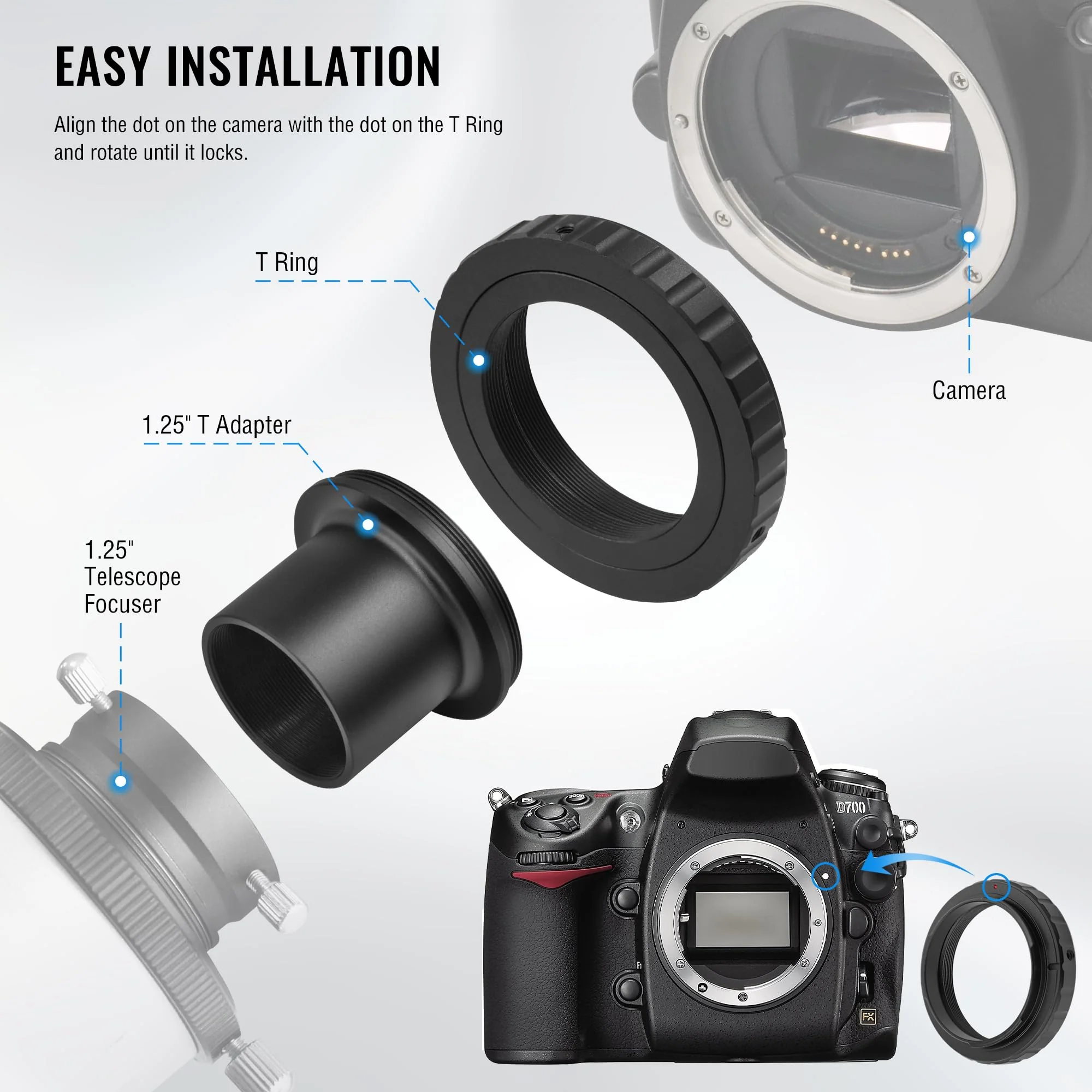 Alstar Telescope Photo Adapter for Nikon SLR/DSLR Cameras, T Mount Telescope Camera Adapter Include T2 T Ring for DSLR and T Adapter, 1.25 Inch Telescope Accessory for Astrophotography - Image 4