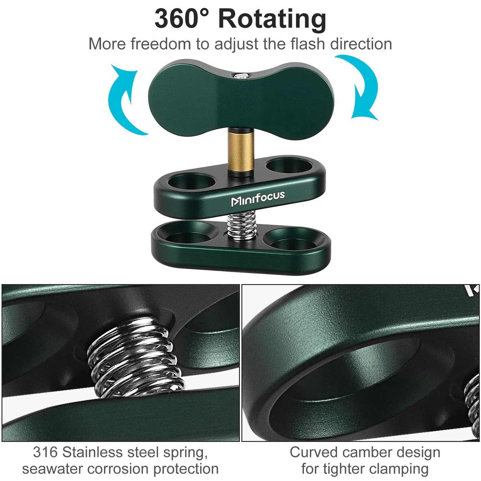 Aluminum 1" Ball Clamp Mount, Double Socket Arm, 360° Spring Clip Adapter Bracket Holder for Underwater Diving Photography System, Compatible with B Size 1" Ball Components for RAM 1 Packs Dark Green - Image 4