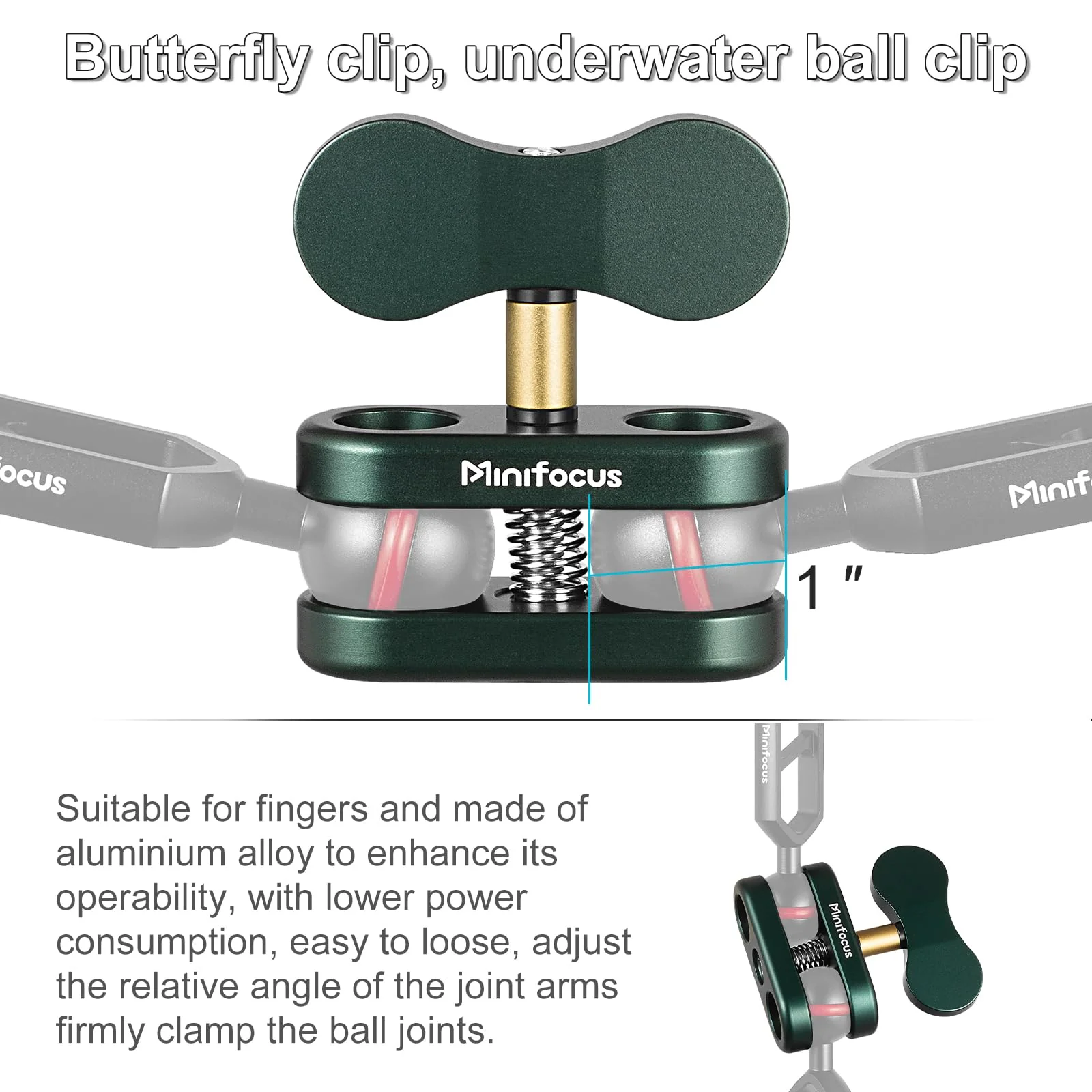 Aluminum 1" Ball Clamp Mount, Double Socket Arm, 360° Spring Clip Adapter Bracket Holder for Underwater Diving Photography System, Compatible with B Size 1" Ball Components for RAM 1 Packs Dark Green - Image 7