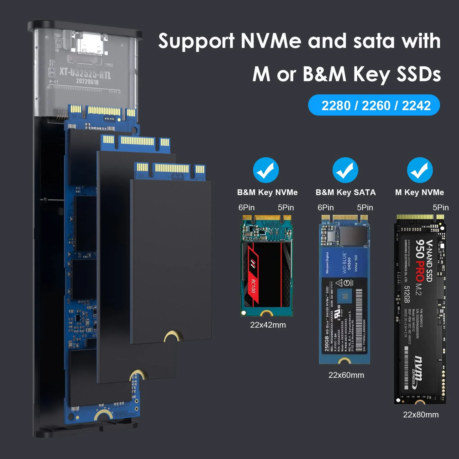 Aluminum M.2 NVME SATA SSD Enclosure Adapter, 10Gbps Type C Tool Free Enclosure for M.2 PCIe NVMe and SATA SSDs - Image 2
