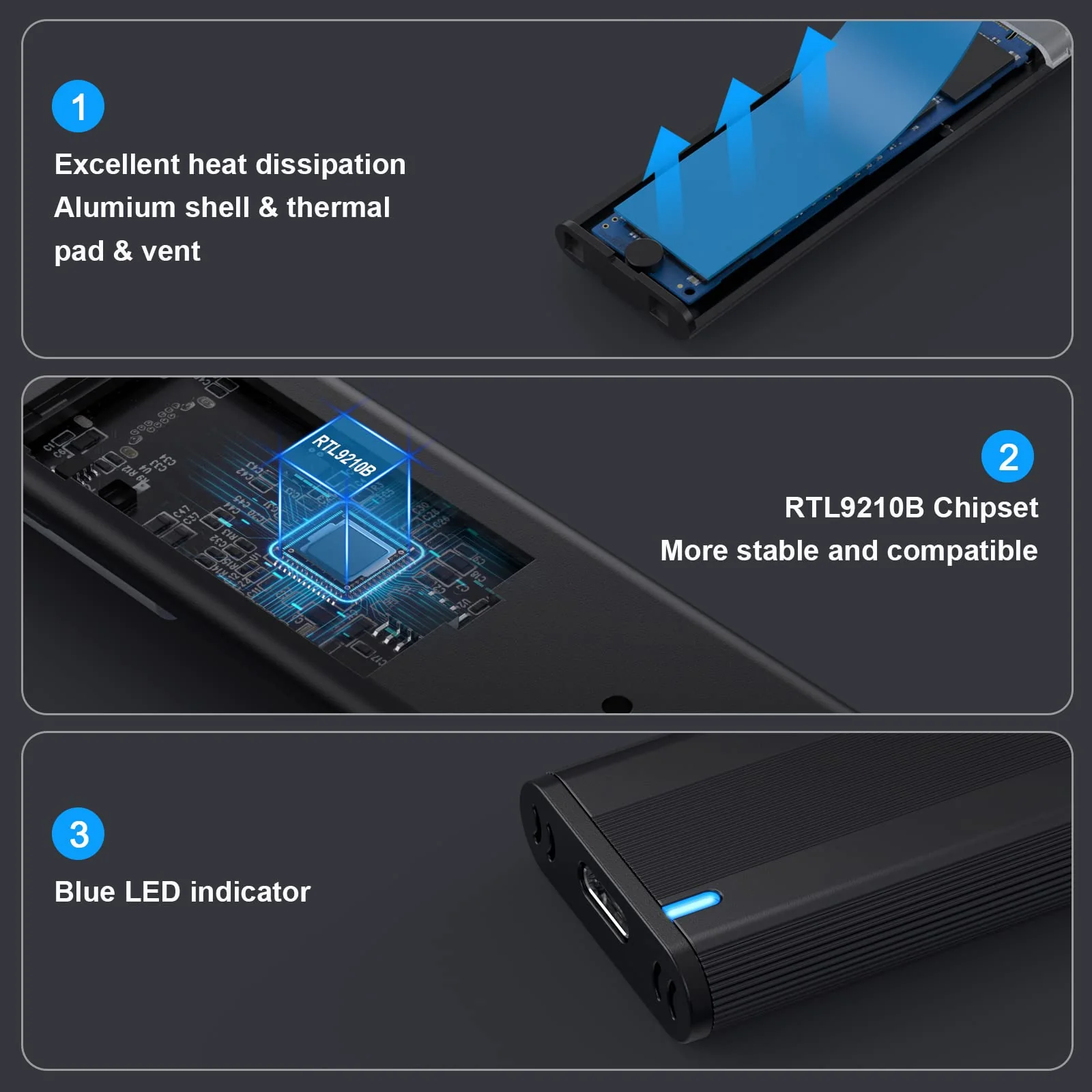 Aluminum M.2 NVME SATA SSD Enclosure Adapter, 10Gbps Type C Tool Free Enclosure for M.2 PCIe NVMe and SATA SSDs - Image 4