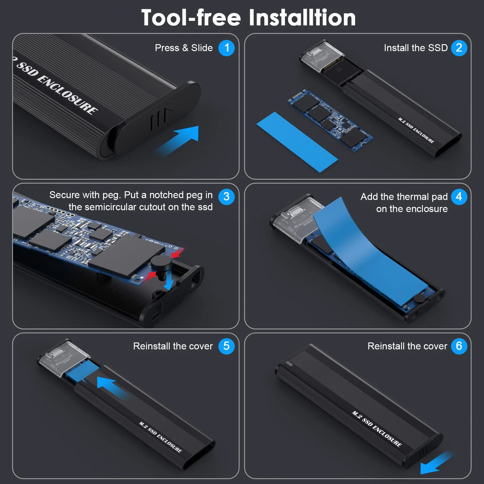 Aluminum M.2 NVME SATA SSD Enclosure Adapter, 10Gbps Type C Tool Free Enclosure for M.2 PCIe NVMe and SATA SSDs - Image 5