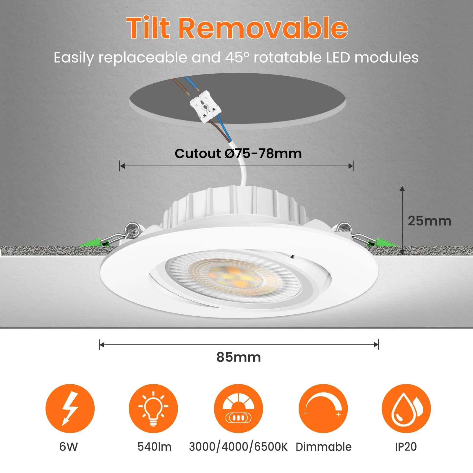 ALUSSO LED Recessed Spotlight 230 V 76 mm, 6 W Tilt Recessed Spotlight, LED Flat 25 mm, 3CCT Spot Warm White 3000 K Natural White 4000 K Cool White 6500 K, Removable Recessed Spotlight, LED Dimmable Neigung Abnehmbar, Ø75-78mm Lochmass - Image 2