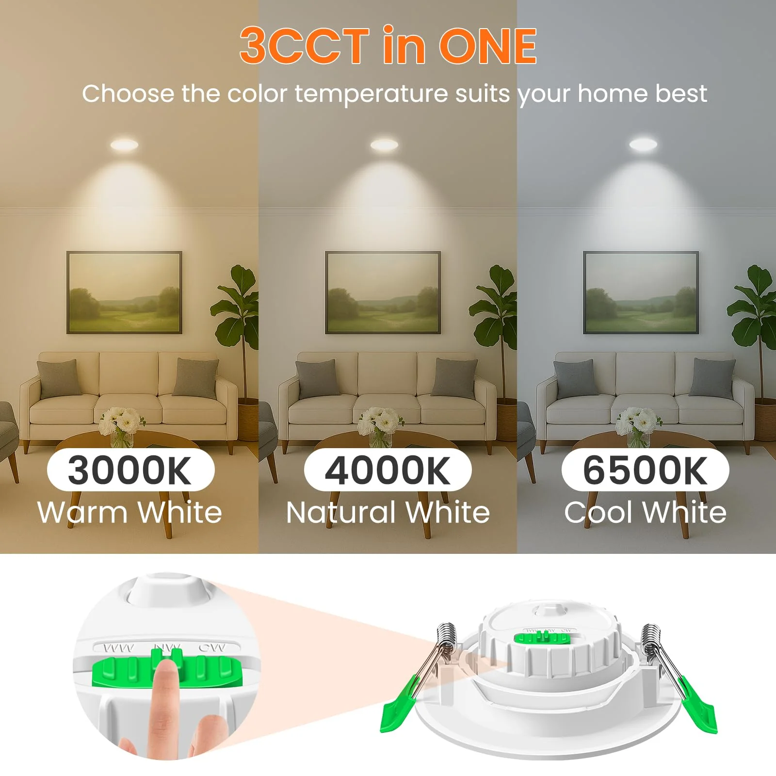 ALUSSO LED Recessed Spotlight 230 V 76 mm, 6 W Tilt Recessed Spotlight, LED Flat 25 mm, 3CCT Spot Warm White 3000 K Natural White 4000 K Cool White 6500 K, Removable Recessed Spotlight, LED Dimmable Neigung Abnehmbar, Ø75-78mm Lochmass - Image 3