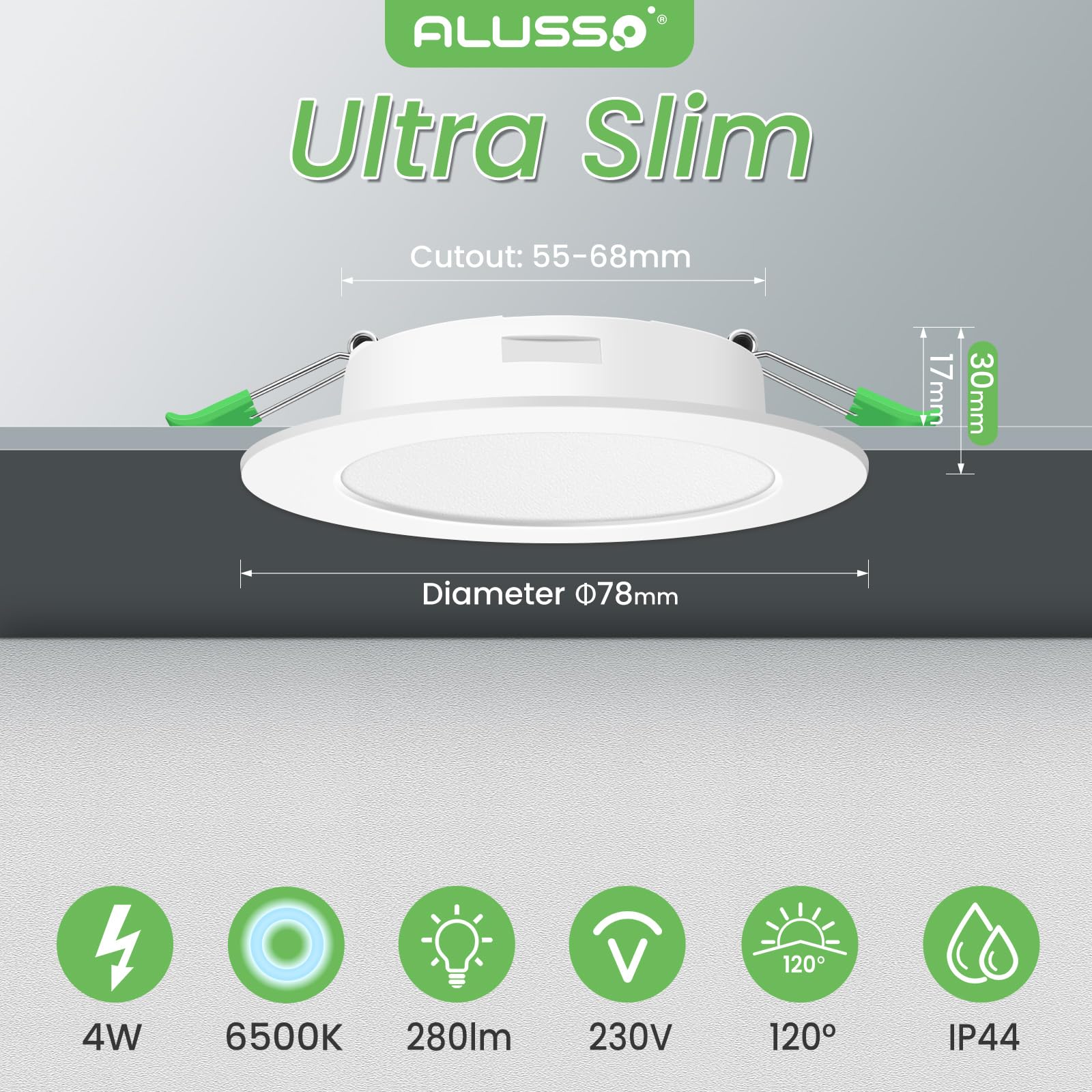 ALUSSO LED Recessed Spotlight, 230 V, Flat IP44, 4 W LED Spotlights, 280 LM, Cool White 6500 K Recessed Lights, 30 mm Ultra Flat, Recessed Spot Hole 55-68 mm, Ceiling Spotlights for Bathroom, Kitchen Cool White 6500k, Set of 6 - Image 2