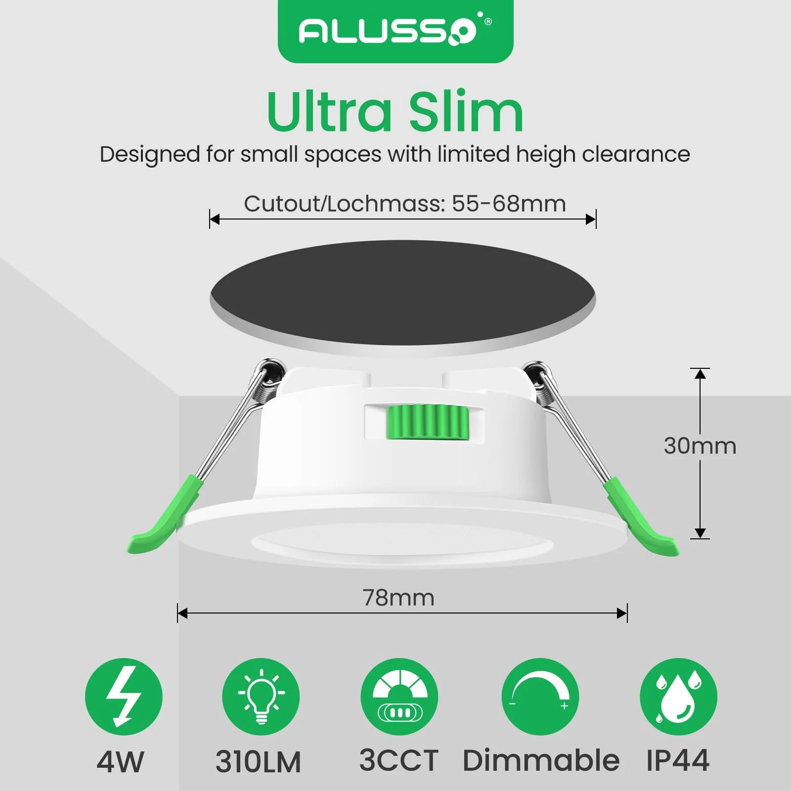 ALUSSO LED Recessed Spotlights, 230 V, 68 mm, Dimmable, 4 W, Ultra-Flat, 310 Lm, IP44, Warm White 3,000 K, Neutral White 4,000 K, Cool White 6,500 K, for Bathroom, Living Room, Set of 6. 4w White, Diameter 55-68 Mm Hole Size - Image 2