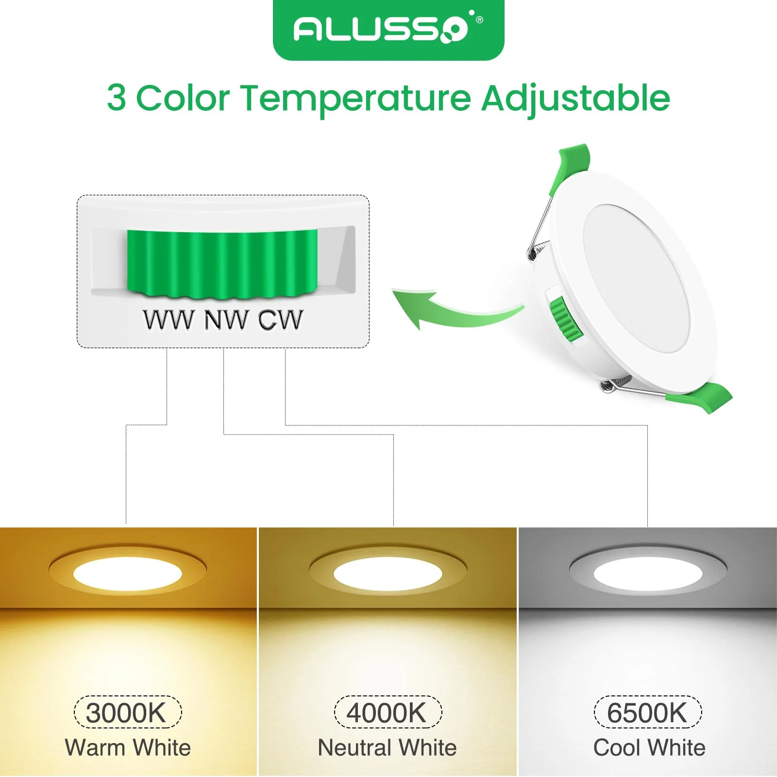 ALUSSO LED Recessed Spotlights, 230 V, 68 mm, Dimmable, 4 W, Ultra-Flat, 310 Lm, IP44, Warm White 3,000 K, Neutral White 4,000 K, Cool White 6,500 K, for Bathroom, Living Room, Set of 6. 4w White, Diameter 55-68 Mm Hole Size - Image 3