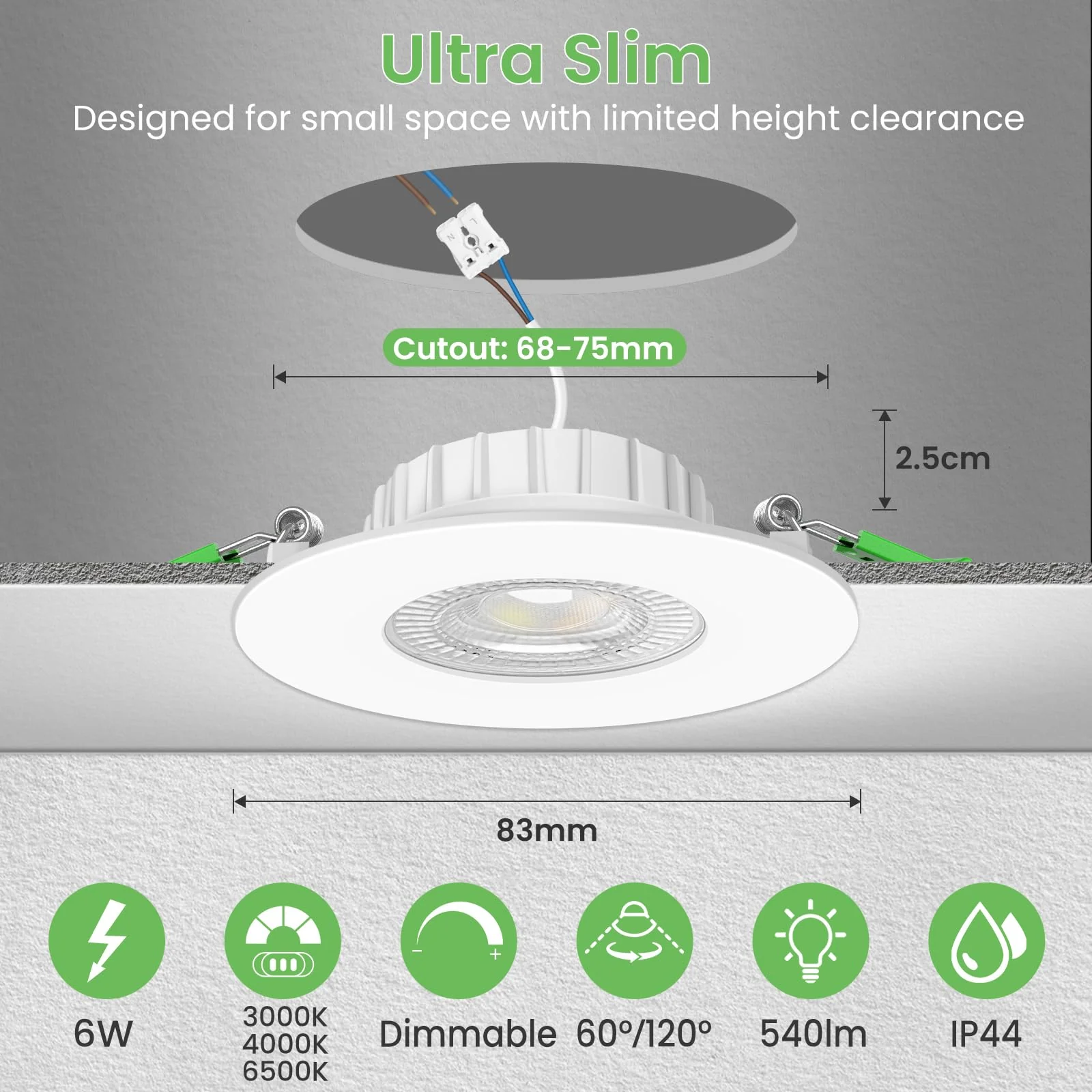 ALUSSO LIGHTING LED Recessed Spotlight, 230 V, Dimmable Flat, Spotlights, 6 W, 68 mm with Removable Module, 3CCT Warm White, Natural White, Cool White, IP44 Recessed Lights, Ceiling Spotlights for Set of 6 White Fixed - 3 Cct, Hole Size Diameter 68-75 Mm - Image 2