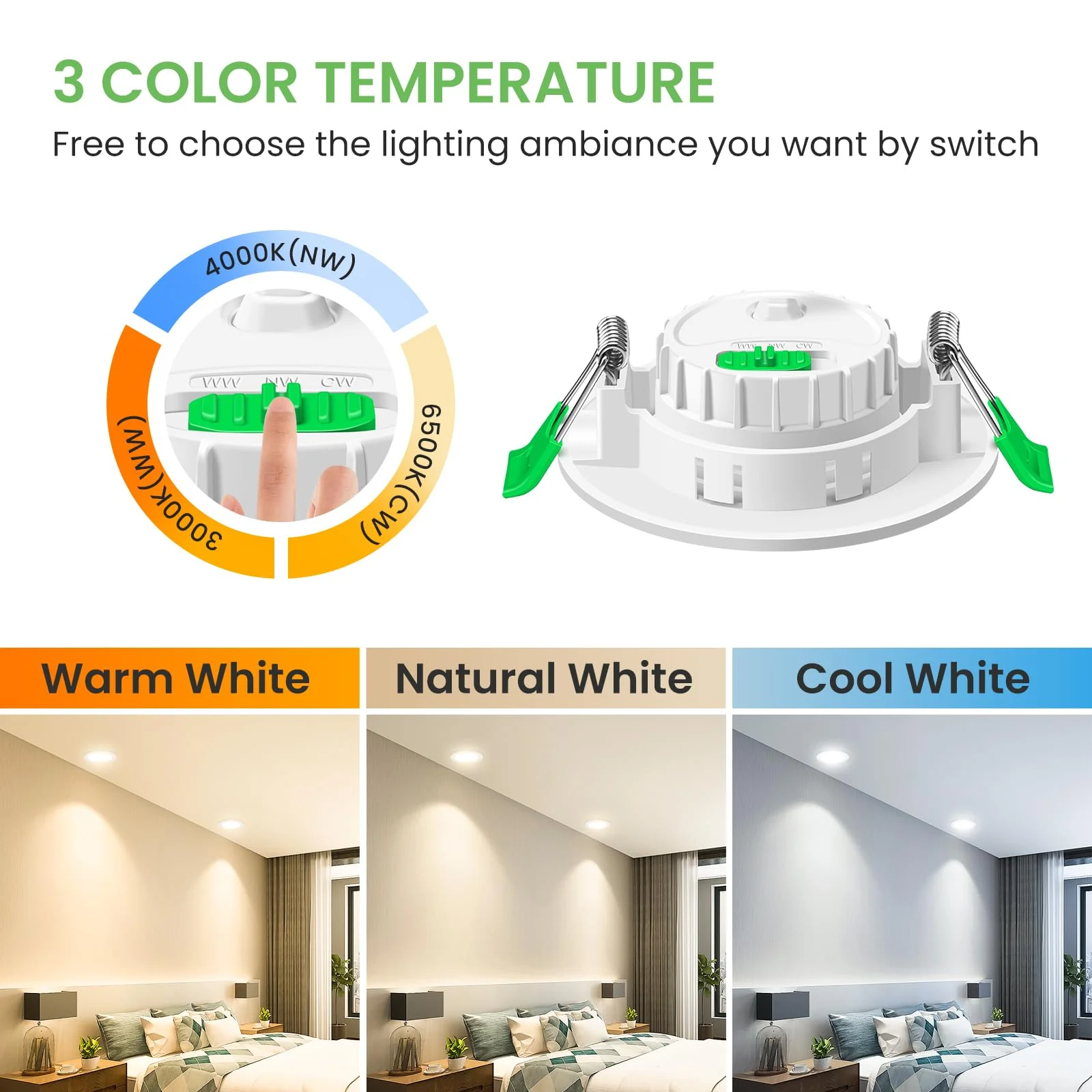 ALUSSO LIGHTING LED Recessed Spotlight, 230 V, Dimmable Flat, Spotlights, 6 W, 68 mm with Removable Module, 3CCT Warm White, Natural White, Cool White, IP44 Recessed Lights, Ceiling Spotlights for Set of 6 White Fixed - 3 Cct, Hole Size Diameter 68-75 Mm - Image 4