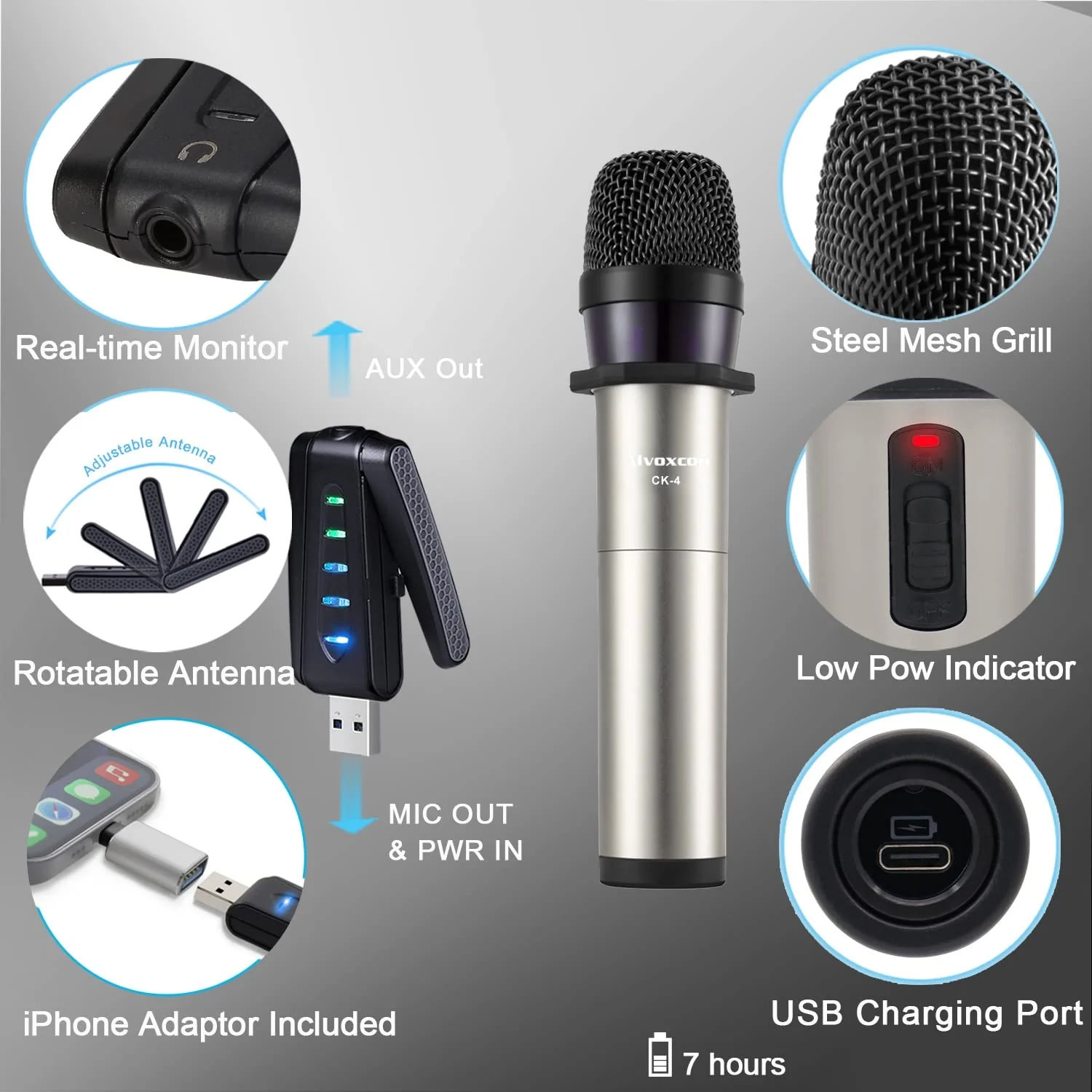 Alvoxcon USB Wireless Microphone, UHF Condenser mic for Android, PC Computer, Laptop, PA, Podcasting, Vlogging, YouTube, Vocal Recording, Gaming, Singing Practice (System with USB Receiver) Small Handheld Mic - Image 5