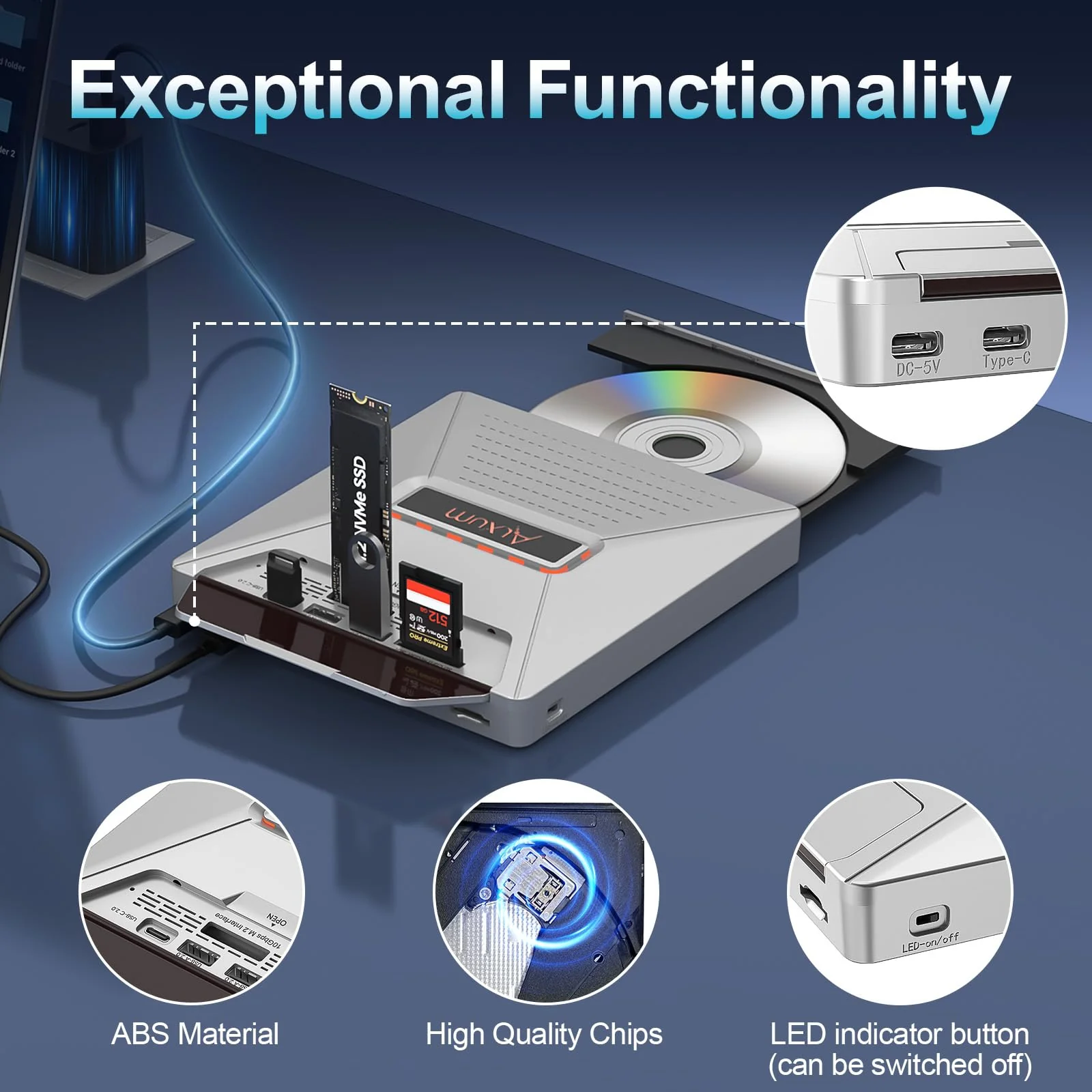 Alxum External CD DVD Drive for Laptop, 7 in 1 Portable CD Player DVD Burner with M.2 NVMe/USB 2.0 Interface and SD/Micro SD Card Slot, Ultra-Slim Disk Drive Optical for Windows/Mac OS/Linux/Vista Gray - Image 7
