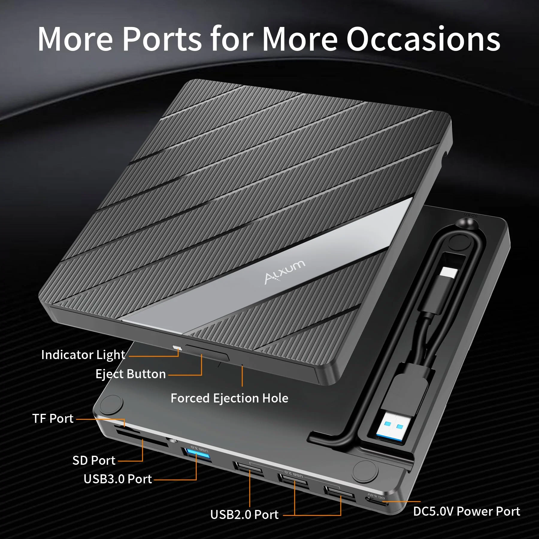 Alxum External CD DVD Drive for Laptop, 8 in 1 Portable CD DVD Burner Rewriter with Multiple Ports Support Faster Transfer Speed CD 8X DVD 24x for Windows 11/10/8/7 MacOS and More Black - Image 3