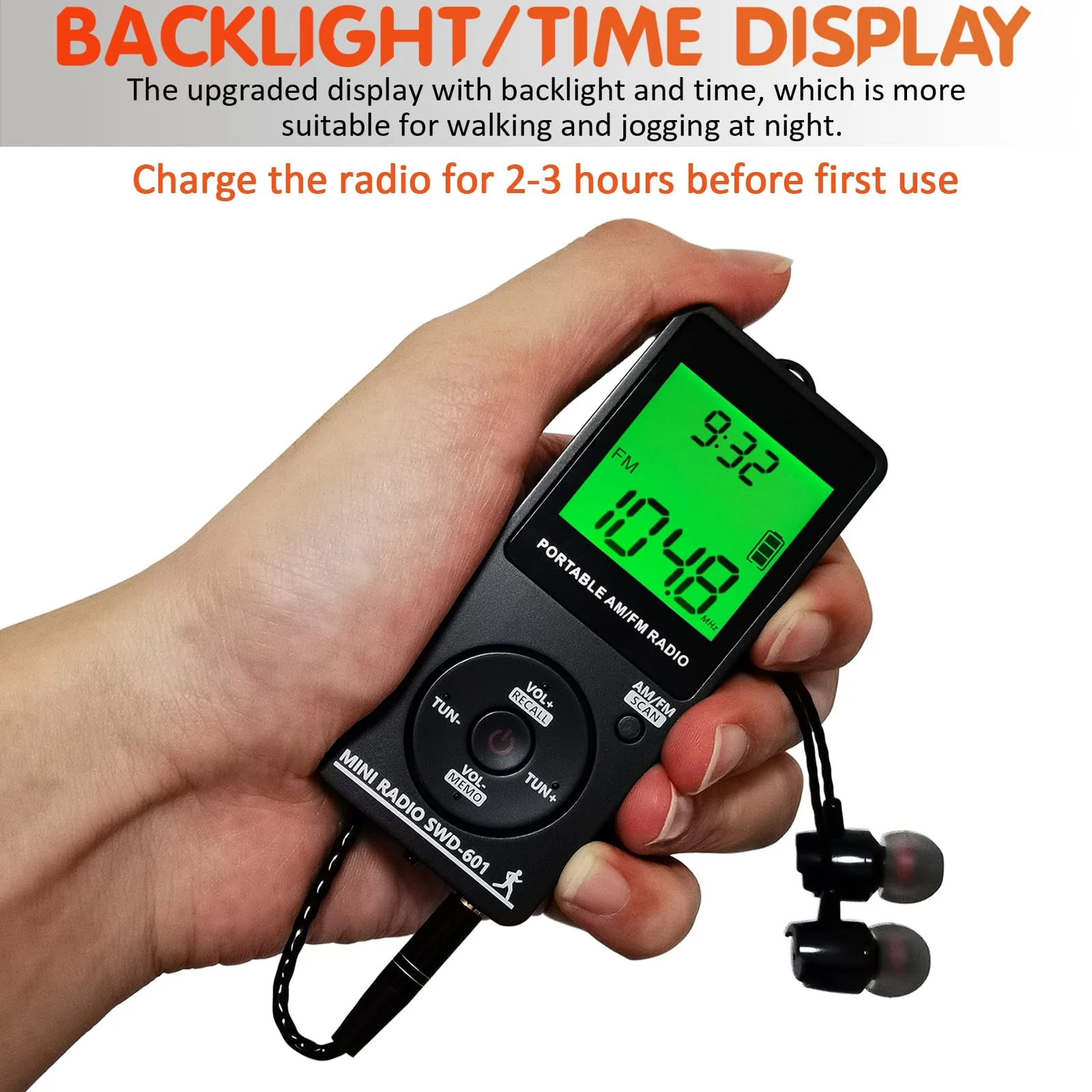AM/FM Personal Portable Mini Radio with Digital Tuning LCD Display and Backlight Time, SWDSTP Rechargeable Pocket Radio with Earphone and Belt Clip for Walking, Jogging - Image 2