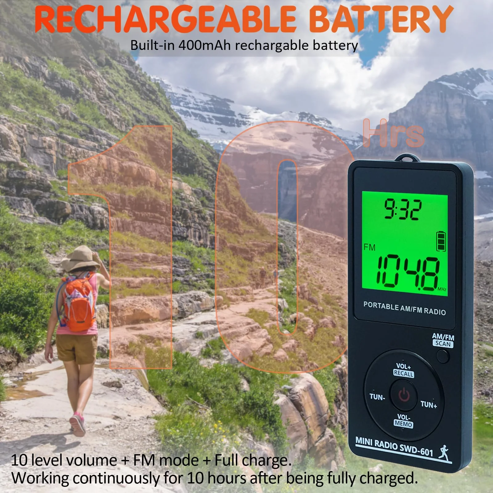 AM/FM Personal Portable Mini Radio with Digital Tuning LCD Display and Backlight Time, SWDSTP Rechargeable Pocket Radio with Earphone and Belt Clip for Walking, Jogging - Image 5