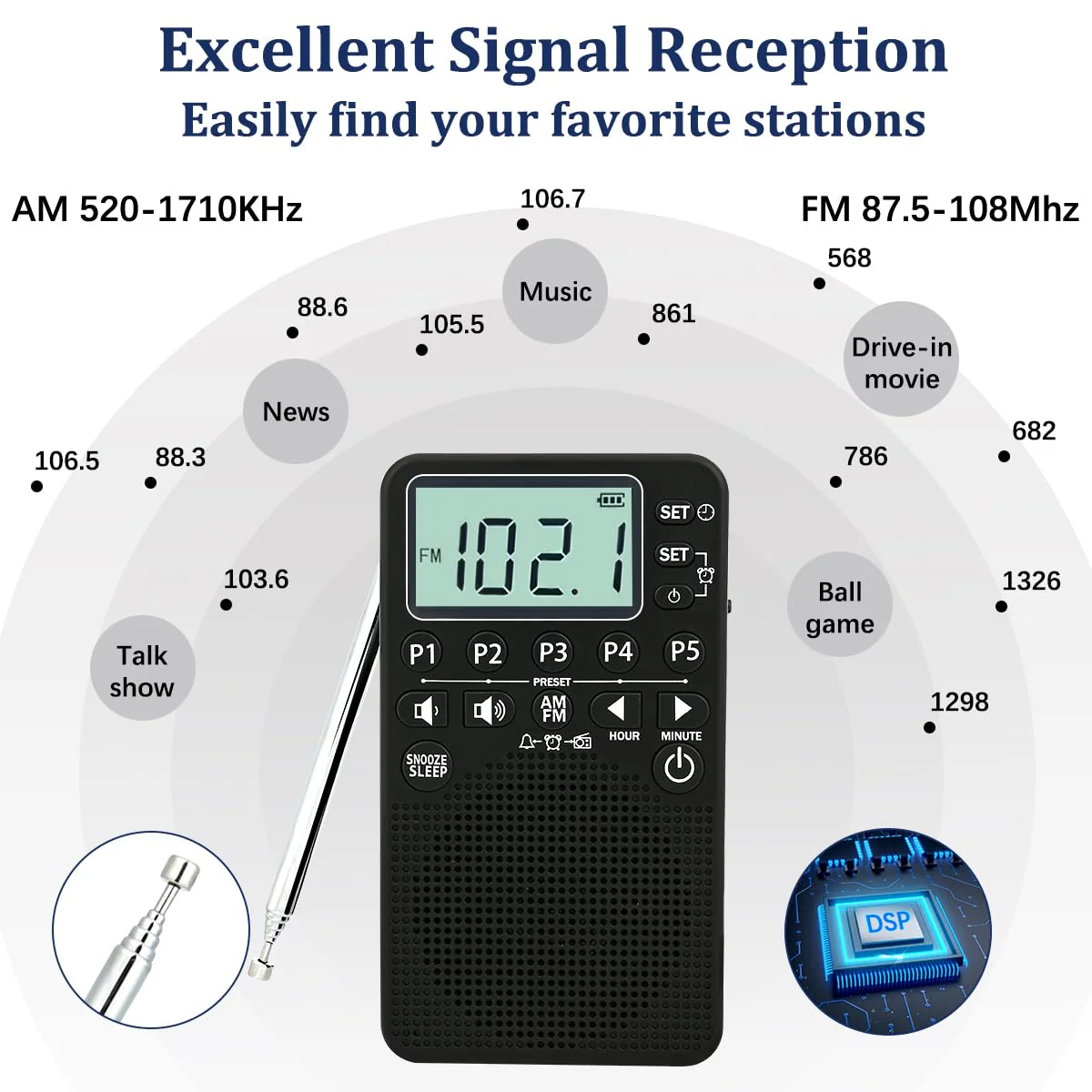 AM FM Portable Pocket Radio, Battery Operated, Digital Tuning, Excellent Reception, Loud Speaker, Long Lasting, LCD Screen, Alarm Clock, Easy to use, Handheld Emergency Radio for Indoor & Outdoor - Image 2