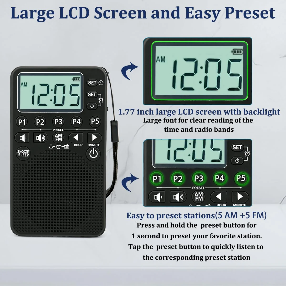 AM FM Portable Pocket Radio, Battery Operated, Digital Tuning, Excellent Reception, Loud Speaker, Long Lasting, LCD Screen, Alarm Clock, Easy to use, Handheld Emergency Radio for Indoor & Outdoor - Image 4