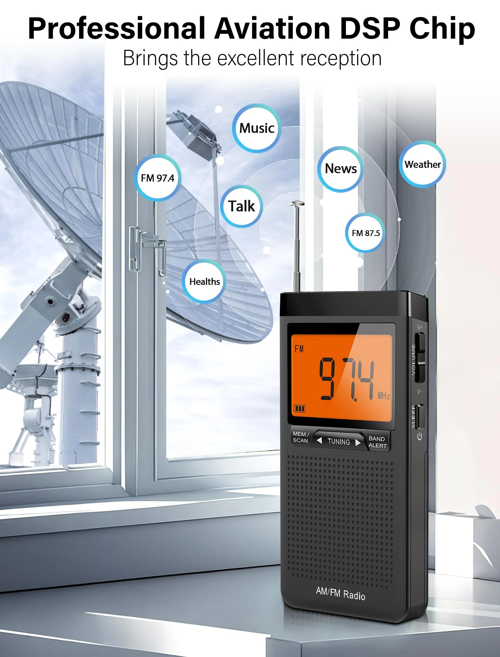 AM FM Portable Radio Personal Radio with Excellent Reception Battery Operated by 2 AAA Batteries with Stero Earphone, Large LCD Screen, Digtail Alarm Clock Black - Image 2