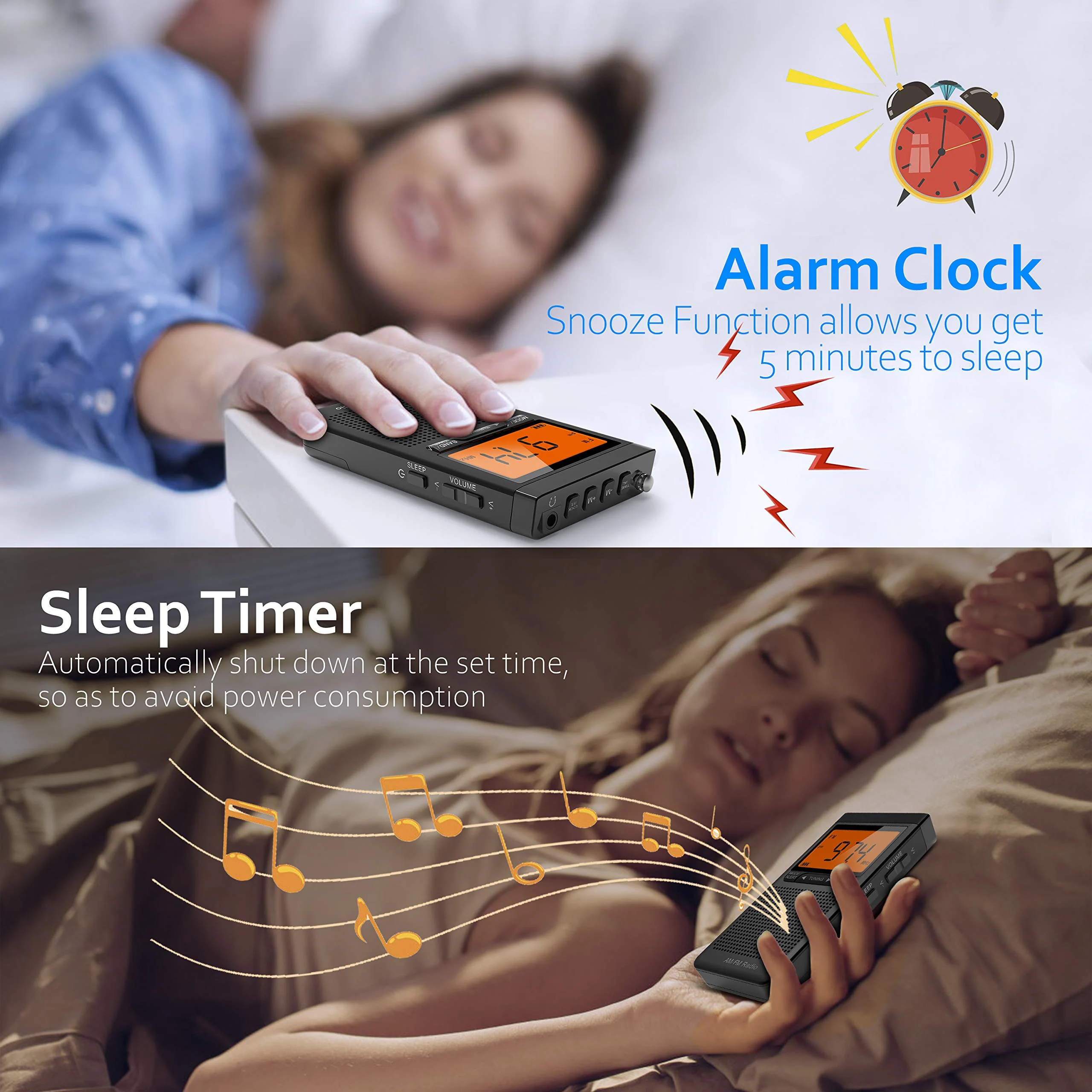 AM FM Portable Radio Personal Radio with Excellent Reception Battery Operated by 2 AAA Batteries with Stero Earphone, Large LCD Screen, Digtail Alarm Clock Black - Image 3