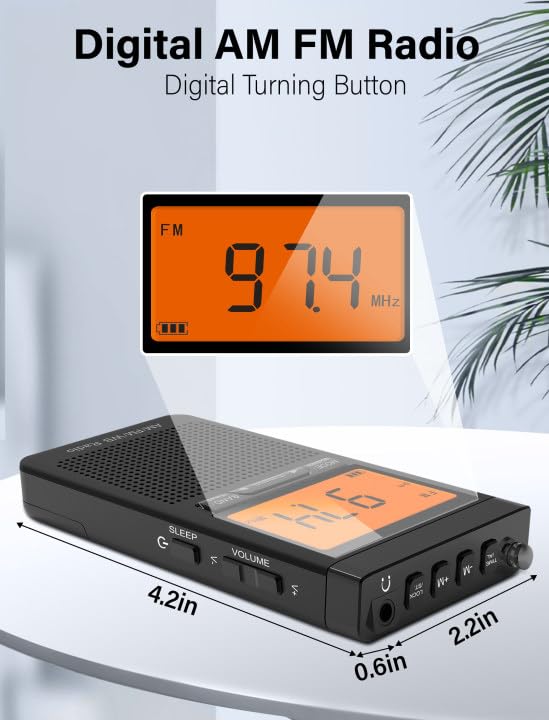 AM FM Portable Radio Personal Radio with Excellent Reception Battery Operated by 2 AAA Batteries with Stero Earphone, Large LCD Screen, Digtail Alarm Clock Black - Image 4