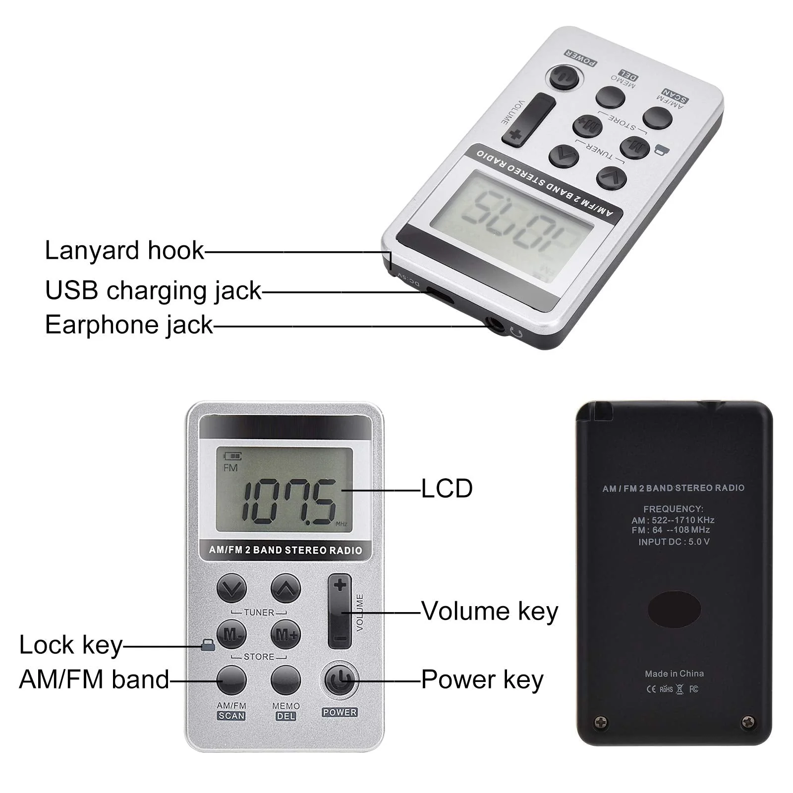 AM FM Portable Radio,Vnaovd Digital Tuning Personal Pocket Radio with Best Reception, Rechargeable Battery,Stereo Earphone,Lock Screen for Walk Jogging Gym Camping HS-1 - Image 4