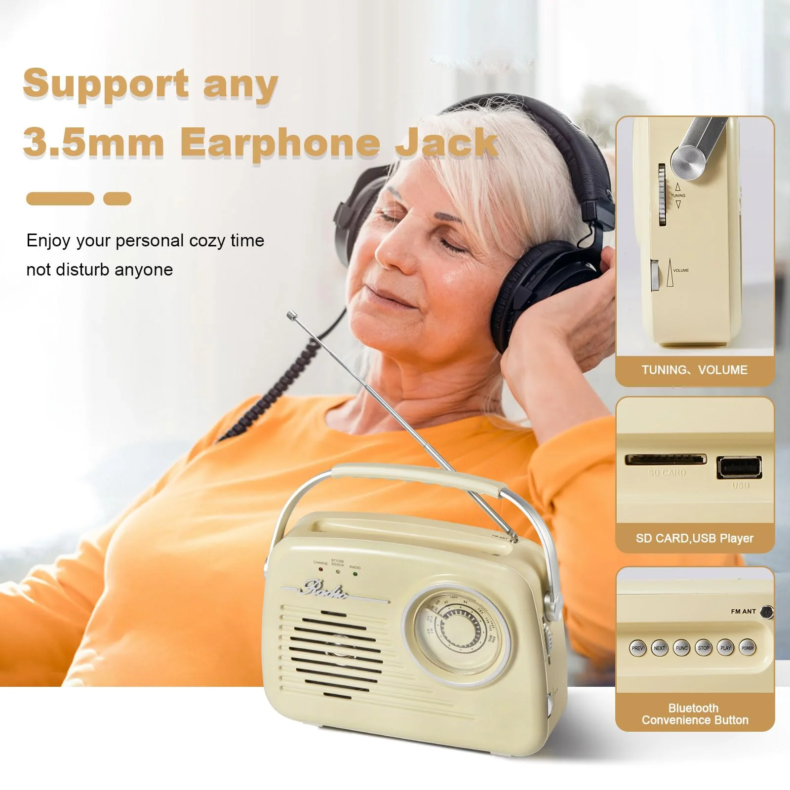 AM FM Radio Portable - Shortwave Radio Battery Powered or Plug in Wall for Home Outdoor, Strong Reception, Digital Time Display, Transistor Antenna, Large Dial Easy to Use, Seniors Small Gfit - Image 5