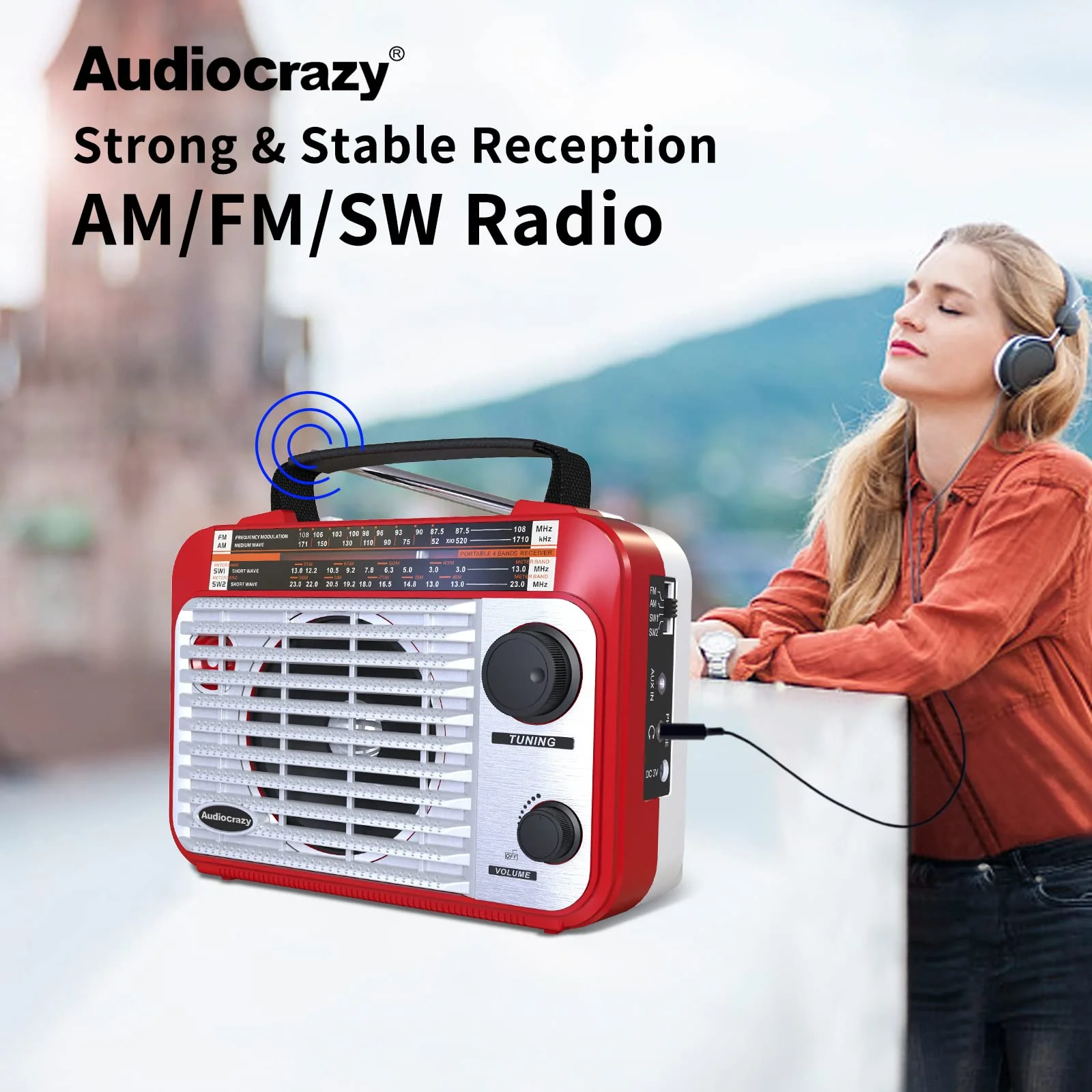 AM/FM/SW1-2 Radio Shortwave Transistor Radio AC or Battery Operated with Best Reception Big Speaker and Precise Tuning Knob with AUX in & 3.5mm Earphone Jack Red+White - Image 3