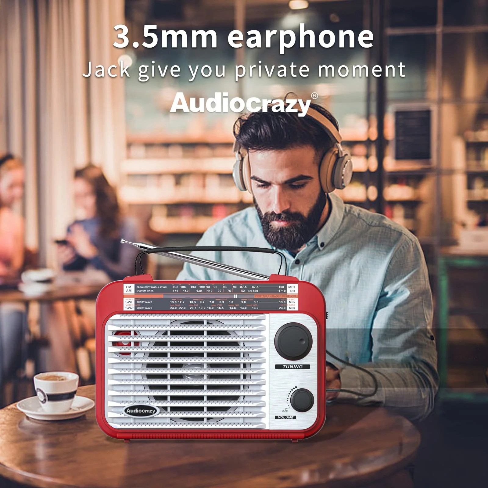 AM/FM/SW1-2 Radio Shortwave Transistor Radio AC or Battery Operated with Best Reception Big Speaker and Precise Tuning Knob with AUX in & 3.5mm Earphone Jack Red+White - Image 4