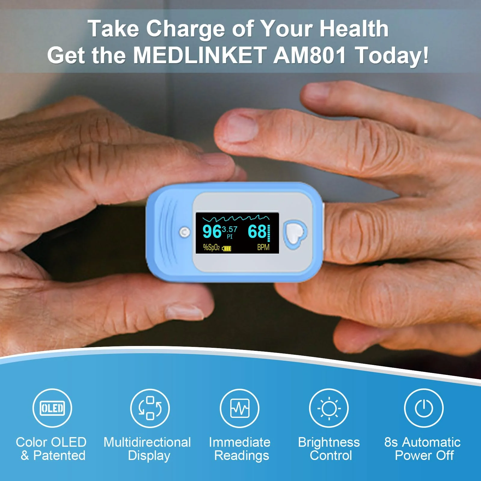 AM801 Pulse Oximeter, 5-in-1 Finger Oxygen Monitor, Measures Blood Oxygen, Temperature, Pulse Rate, Perfusion Index, Plethysmograph, OLED Display SpO2 Oxygen Reader with Storage Pouch - Image 7