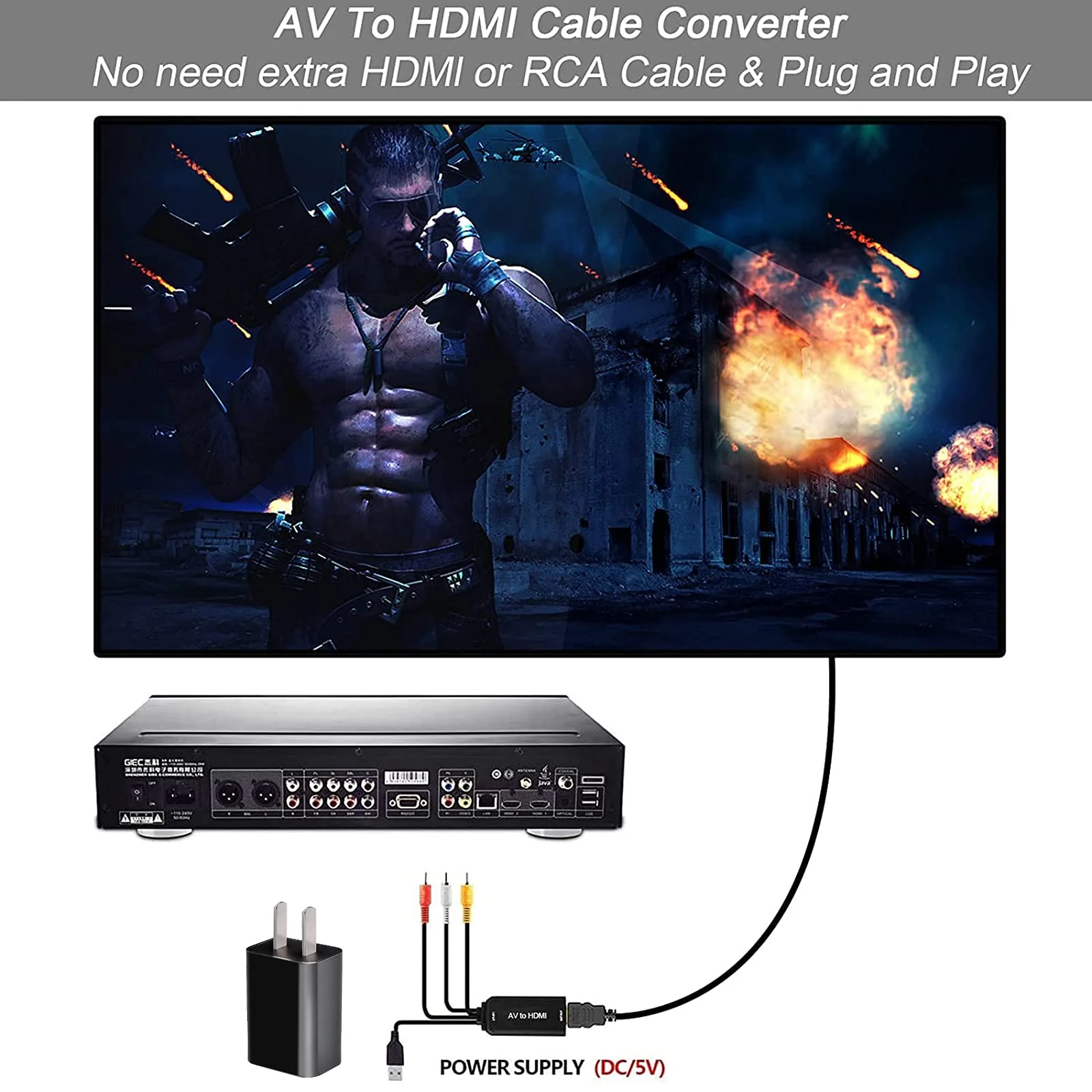 AMANKA RCA to HDMI, 1080P RCA Composite CVBS AV to HDMI Video Audio Converter Adapter with USB Charge Cable Compatible with PC Laptop Xbox PS4 PS3 TV STB VHS VCR Camera DVD HDMI Converter AV1 - Image 4