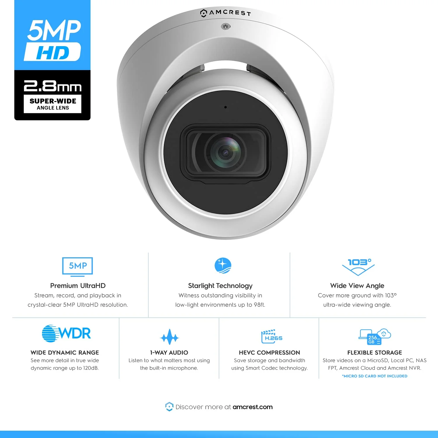 Amcrest 5MP Turret POE Camera, UltraHD Outdoor IP Camera POE with Mic/Audio, 5-Megapixel Security Surveillance Cameras, 98ft NightVision, 103° FOV, MicroSD (256GB), (IP5M-T1179EW-28MM) White - Image 2