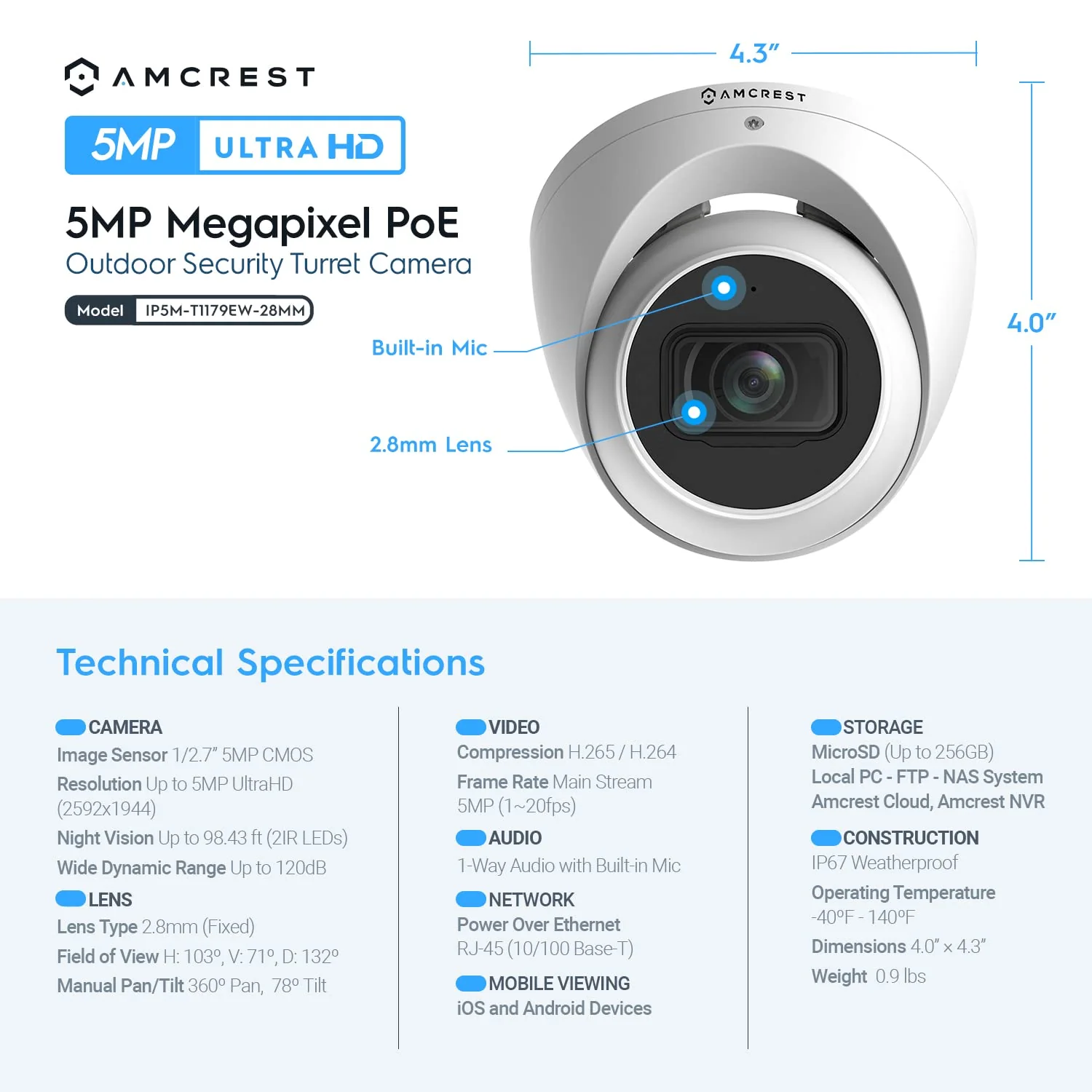 Amcrest 5MP Turret POE Camera, UltraHD Outdoor IP Camera POE with Mic/Audio, 5-Megapixel Security Surveillance Cameras, 98ft NightVision, 103° FOV, MicroSD (256GB), (IP5M-T1179EW-28MM) White - Image 6