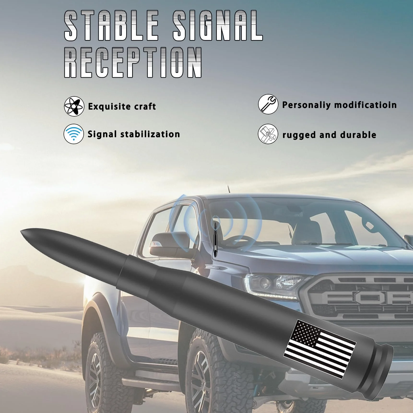 American Flag Car Truck Antenna with Valve Stem Caps, Universal Mast for GM Chevy Silverado 1500 2500 3500 HD Avalanche Ford F150 F250 F350 Denali Heavy Duty Pickup Trucks Accessories (Black) 5.5 inch Black Style - Image 4